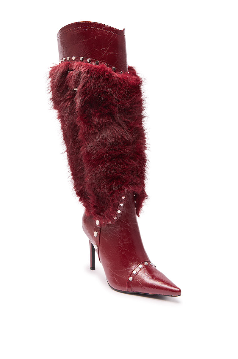 AZALEA WANG ALISETTE BURGUNDY MIXED MATERIAL FUR AND FAUX LEATHER STILETTO BOOT