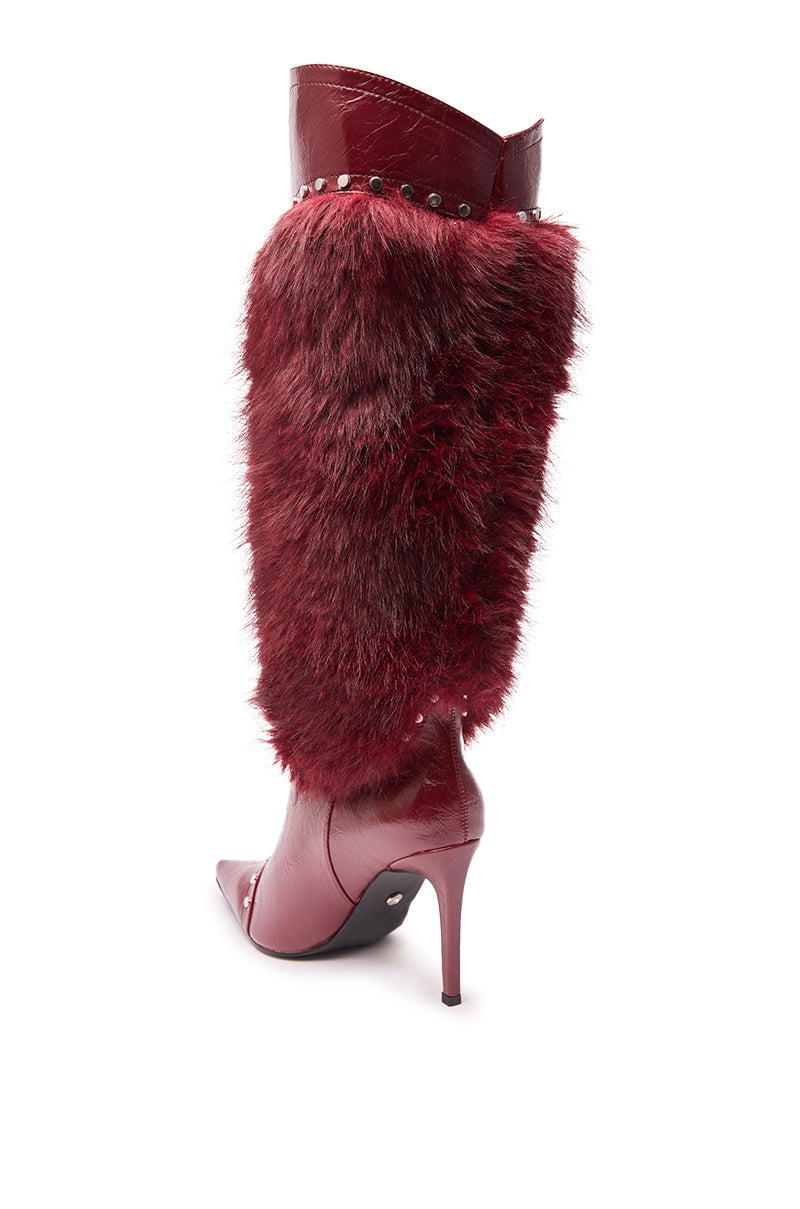 AZALEA WANG ALISETTE BURGUNDY MIXED MATERIAL FUR AND FAUX LEATHER STILETTO BOOT