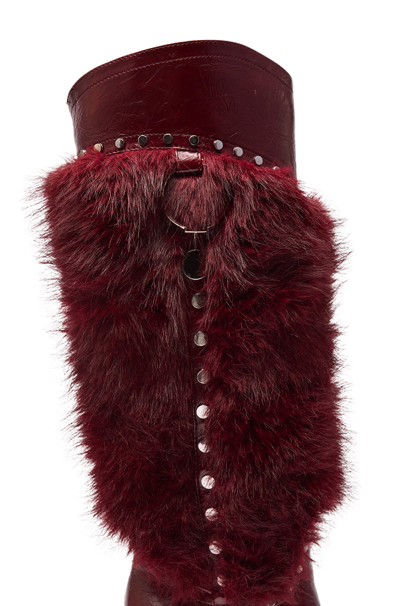 AZALEA WANG ALISETTE BURGUNDY MIXED MATERIAL FUR AND FAUX LEATHER STILETTO BOOT