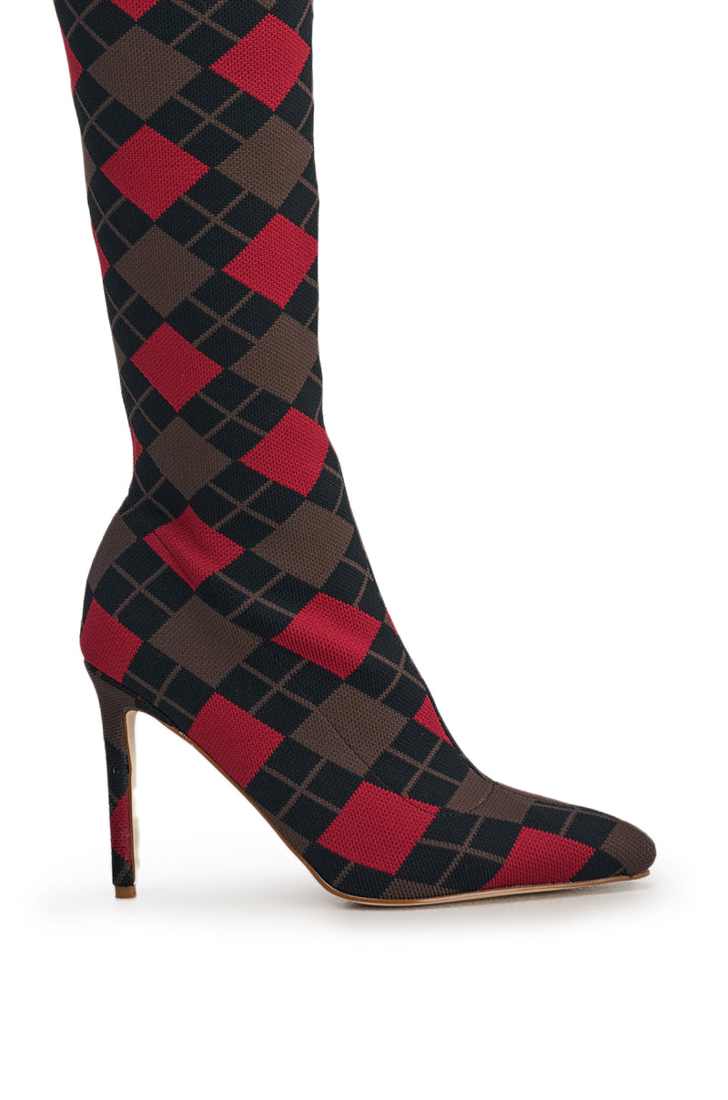 AZALEA WANG ARGYLE BROWN MULTI STRETCH STILETTO BOOT
