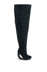 AZALEA WANG ASA BLACK SNAKE OPEN WEDGE THIGH HIGH BOOT