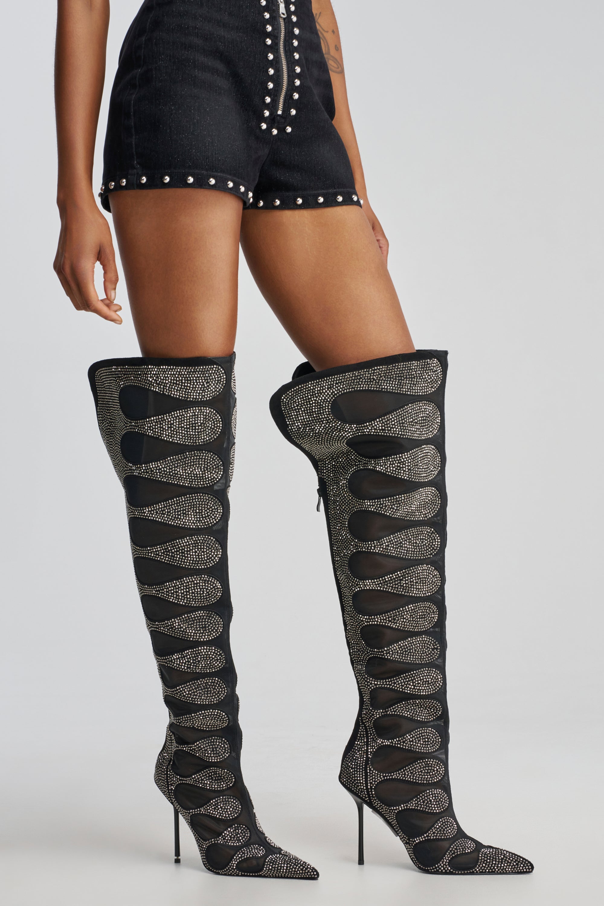 AKIRA GOLD AVENRA BLACK RHINESTONE THIGH HIGH STILETTO BOOT