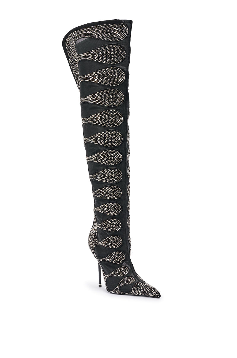 AKIRA GOLD AVENRA BLACK RHINESTONE THIGH HIGH STILETTO BOOT
