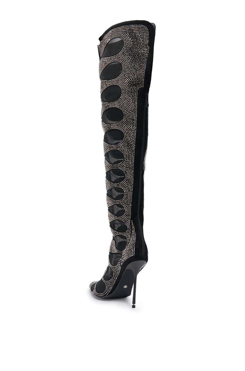 AKIRA GOLD AVENRA BLACK RHINESTONE THIGH HIGH STILETTO BOOT