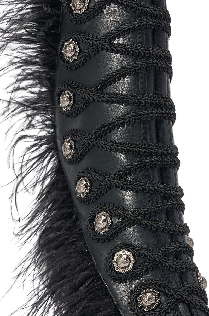 AZALEA WANG BANSHEE BLACK MILITARY AND FEATHER STILETTO BOOTIE
