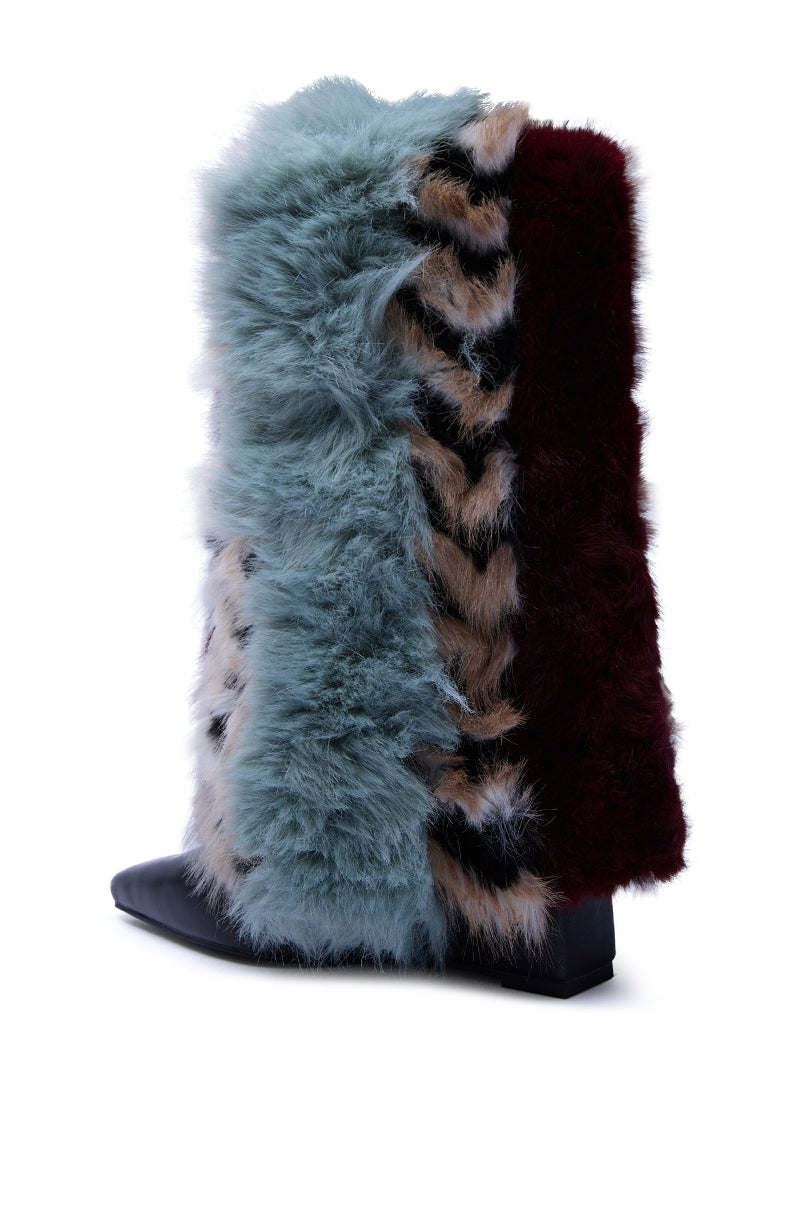 AZALEA WANG BRIASH BLUE MULTI FUR HIDDEN WEDGE BOOTIE