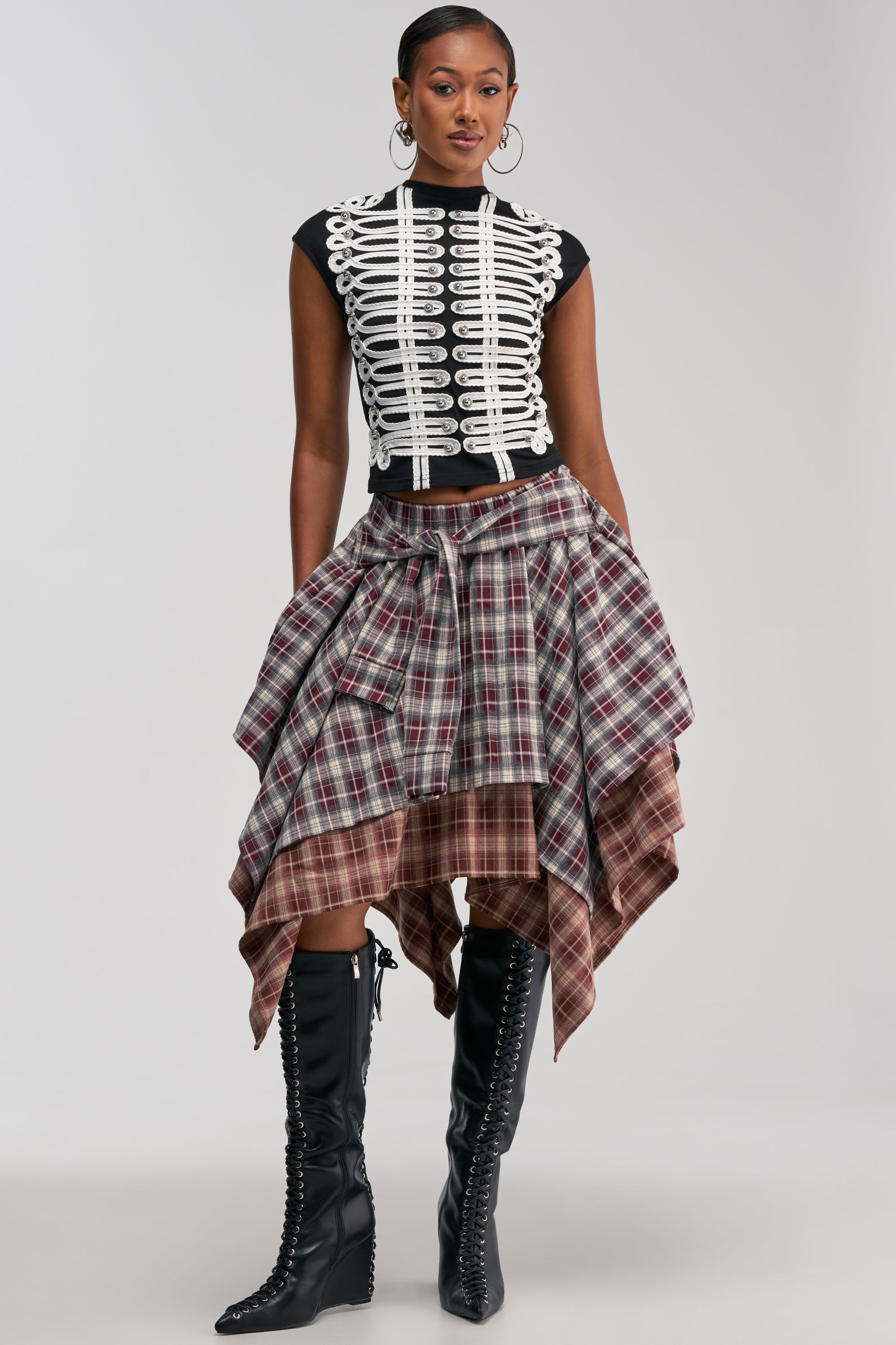 FEELING ALL OVER THE PLACE PLAID MIDI SKIRT