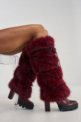 AZALEA WANG CYRENE BURGUNDY FUR BLOCK HEEL BOOT