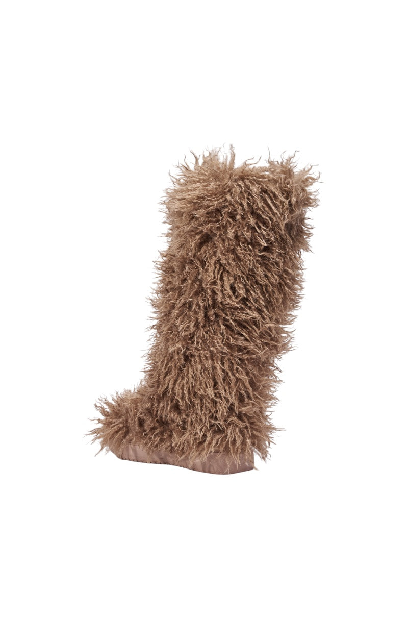 AZALEA WANG DENTON TAUPE KNEE HIGH FLAT FUR BOOT
