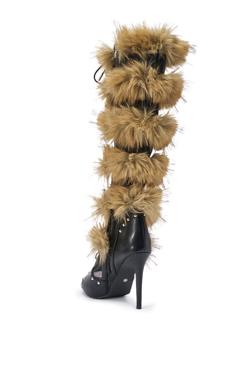 AZALEA WANG EMBRY TAN MULTI FUR OPEN TOE BOOT
