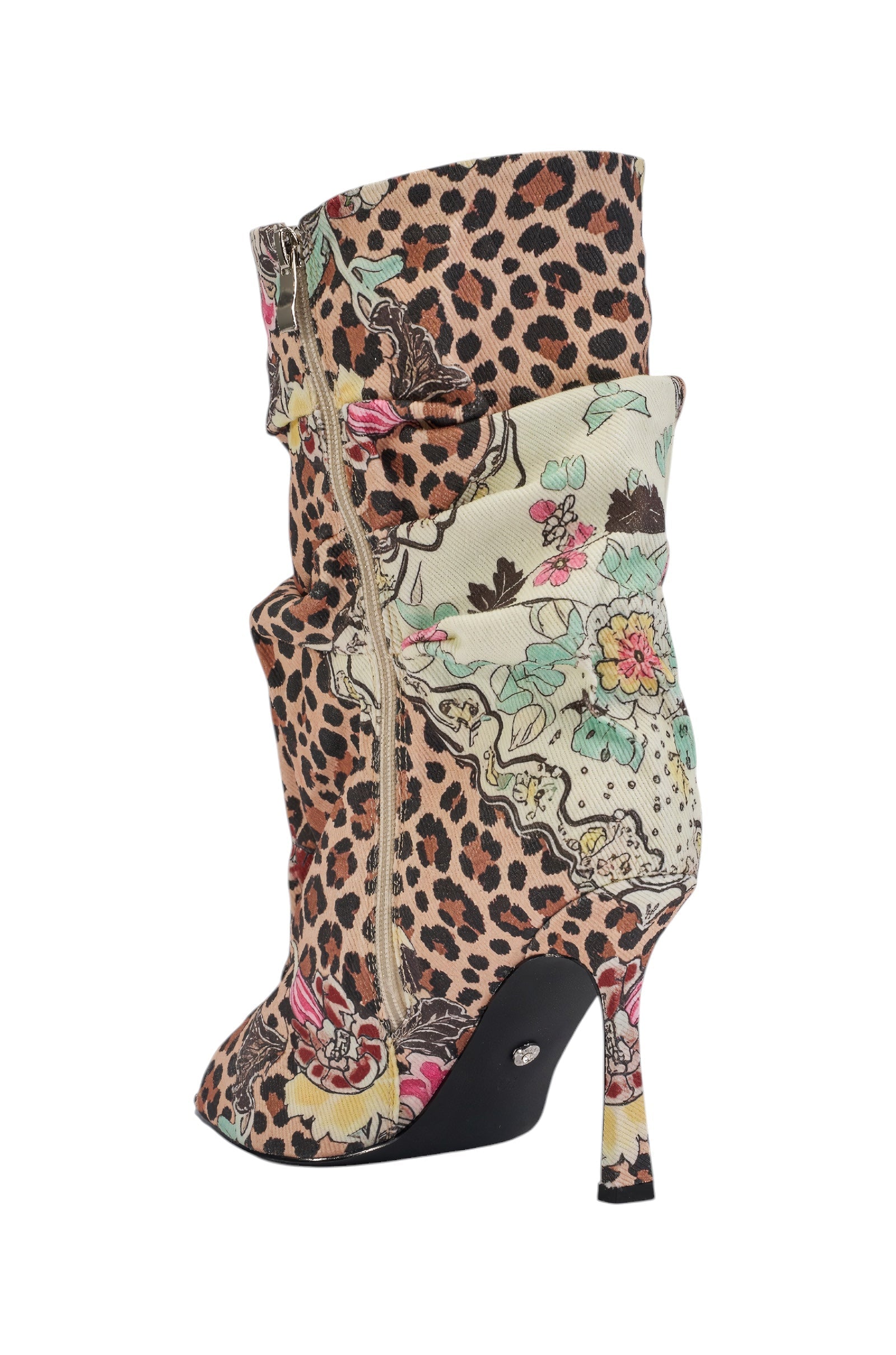 AKIRA GOLD ENJOY LEOPARD MULTI OPEN TOE RUCHED BOOTIE