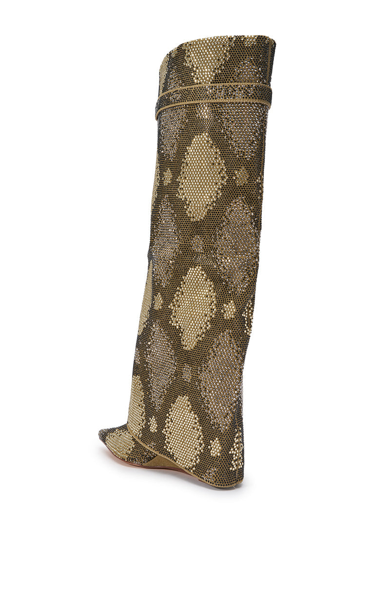 AZALEA WANG EVO KHAKI SNAKE SPARKLE WEDGE BOOT