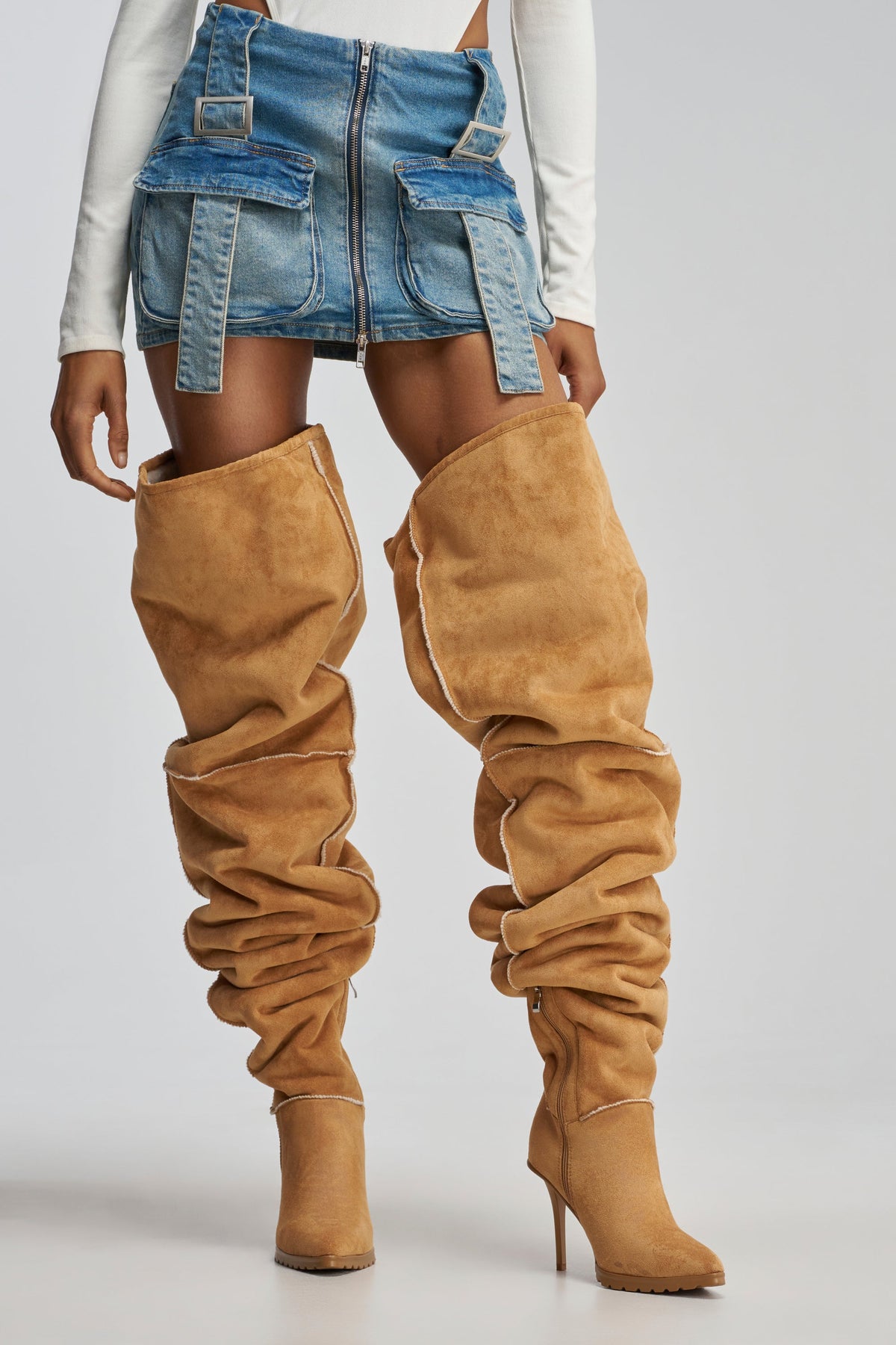 AZALEA WANG FABIOLA CAMEL SHERPA STILETTO THIGH HIGH BOOT
