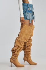 AZALEA WANG FABIOLA CAMEL SHERPA STILETTO THIGH HIGH BOOT