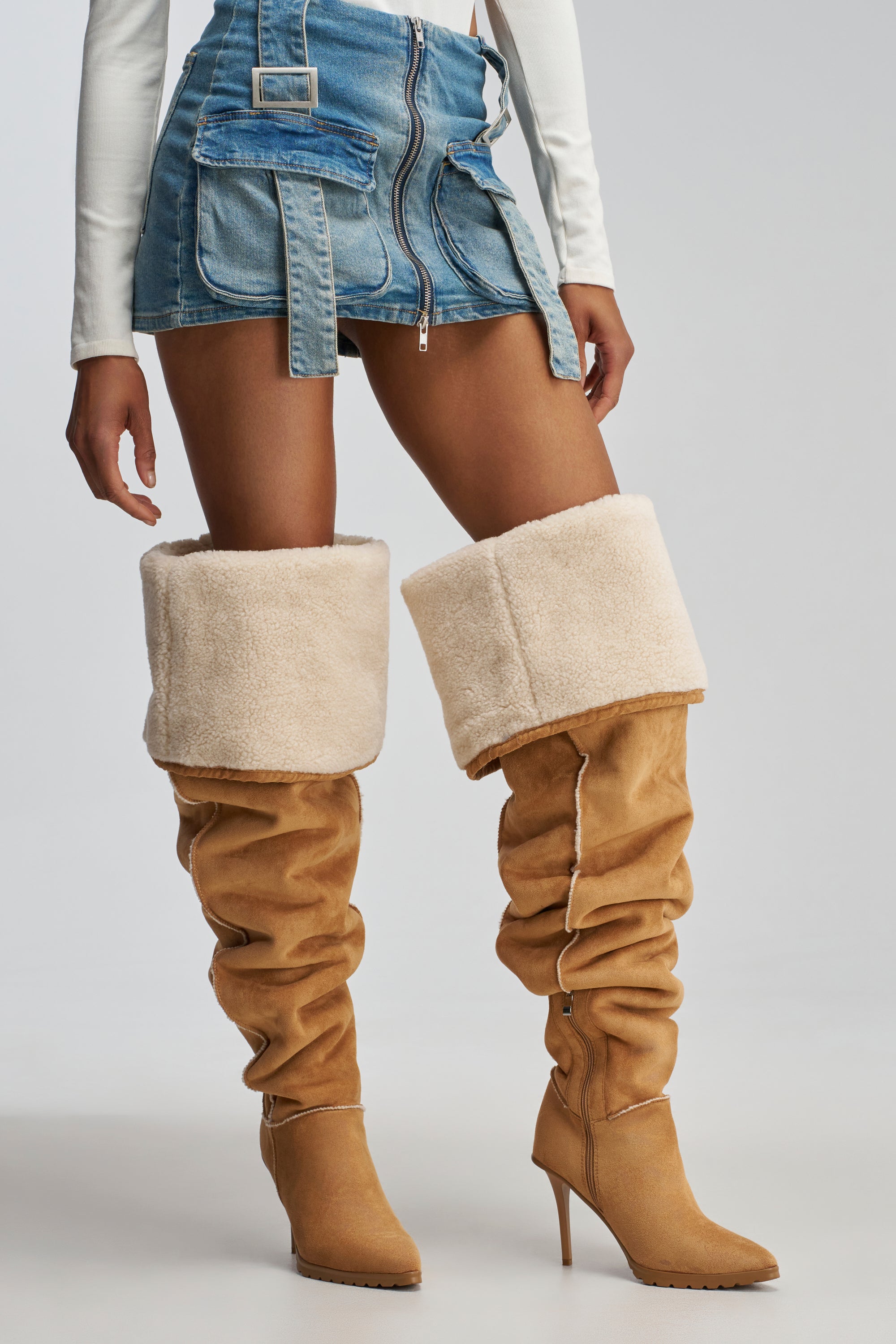 AZALEA WANG FABIOLA CAMEL SHERPA STILETTO THIGH HIGH BOOT