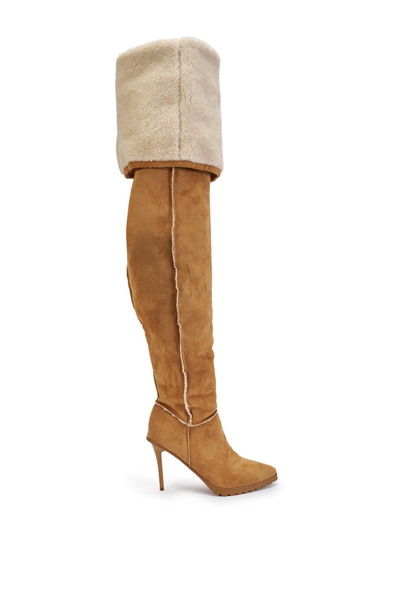 AZALEA WANG FABIOLA CAMEL SHERPA STILETTO THIGH HIGH BOOT