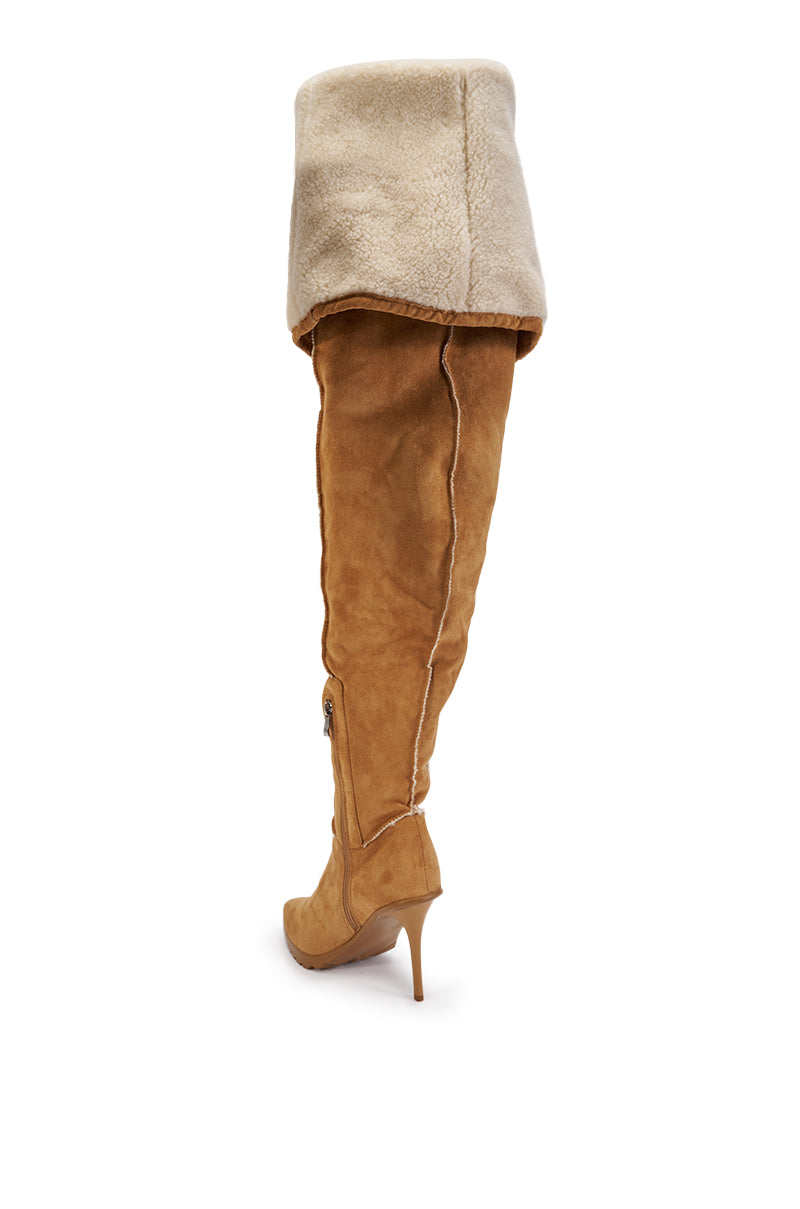 AZALEA WANG FABIOLA CAMEL SHERPA STILETTO THIGH HIGH BOOT