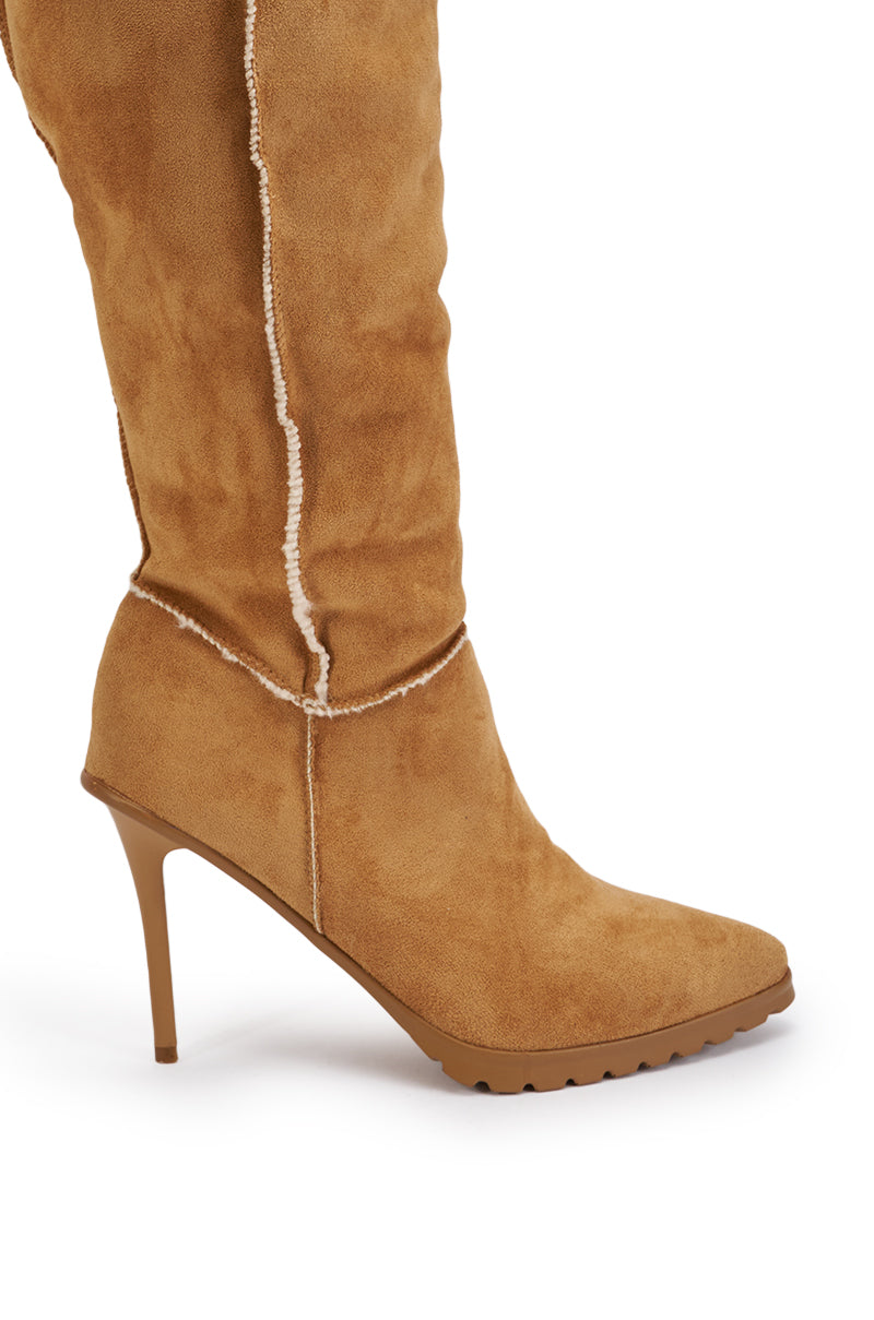 AZALEA WANG FABIOLA CAMEL SHERPA STILETTO THIGH HIGH BOOT