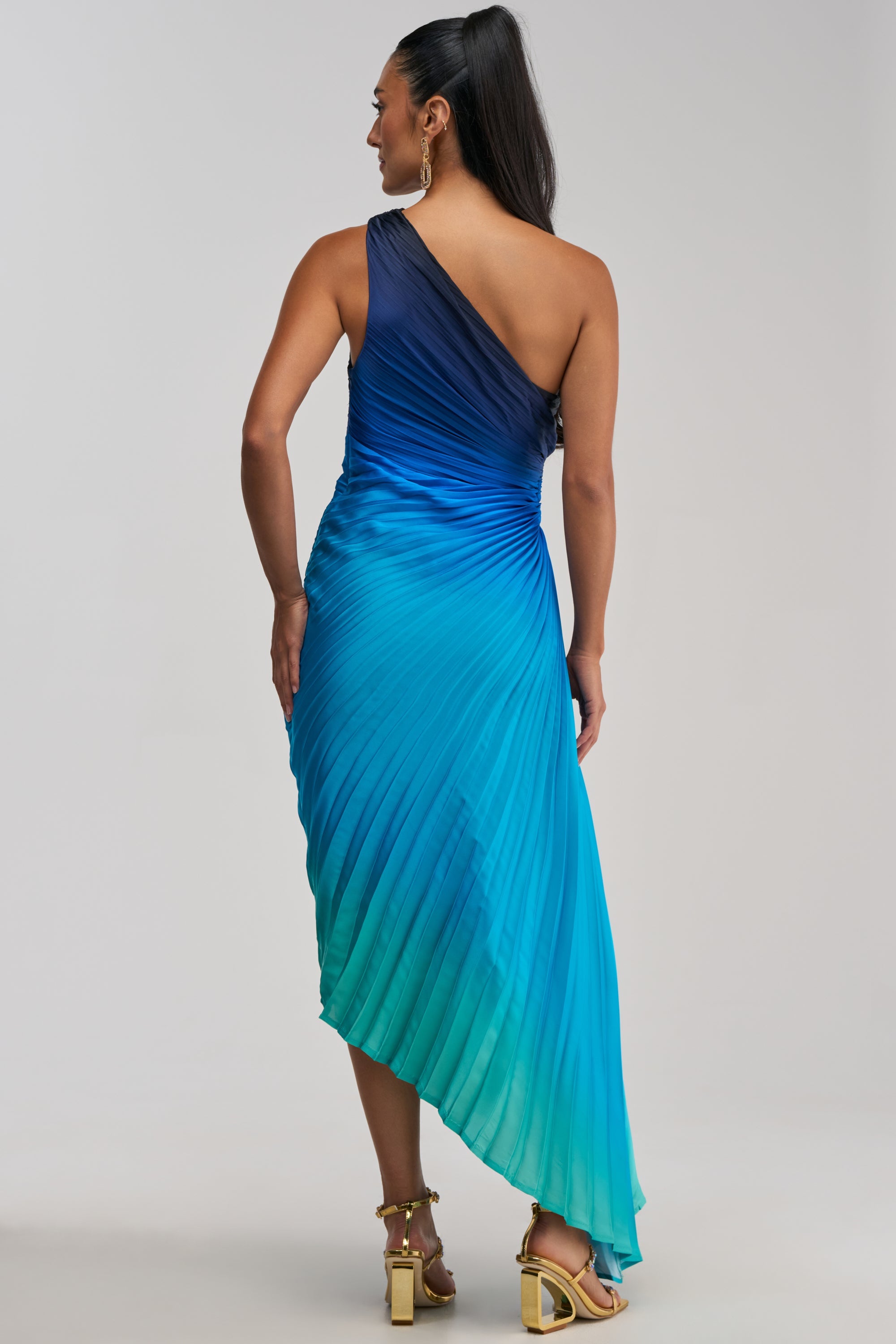 WILD CARD ONE SHOULDER OMBRE MIDI DRESS IN BLUE