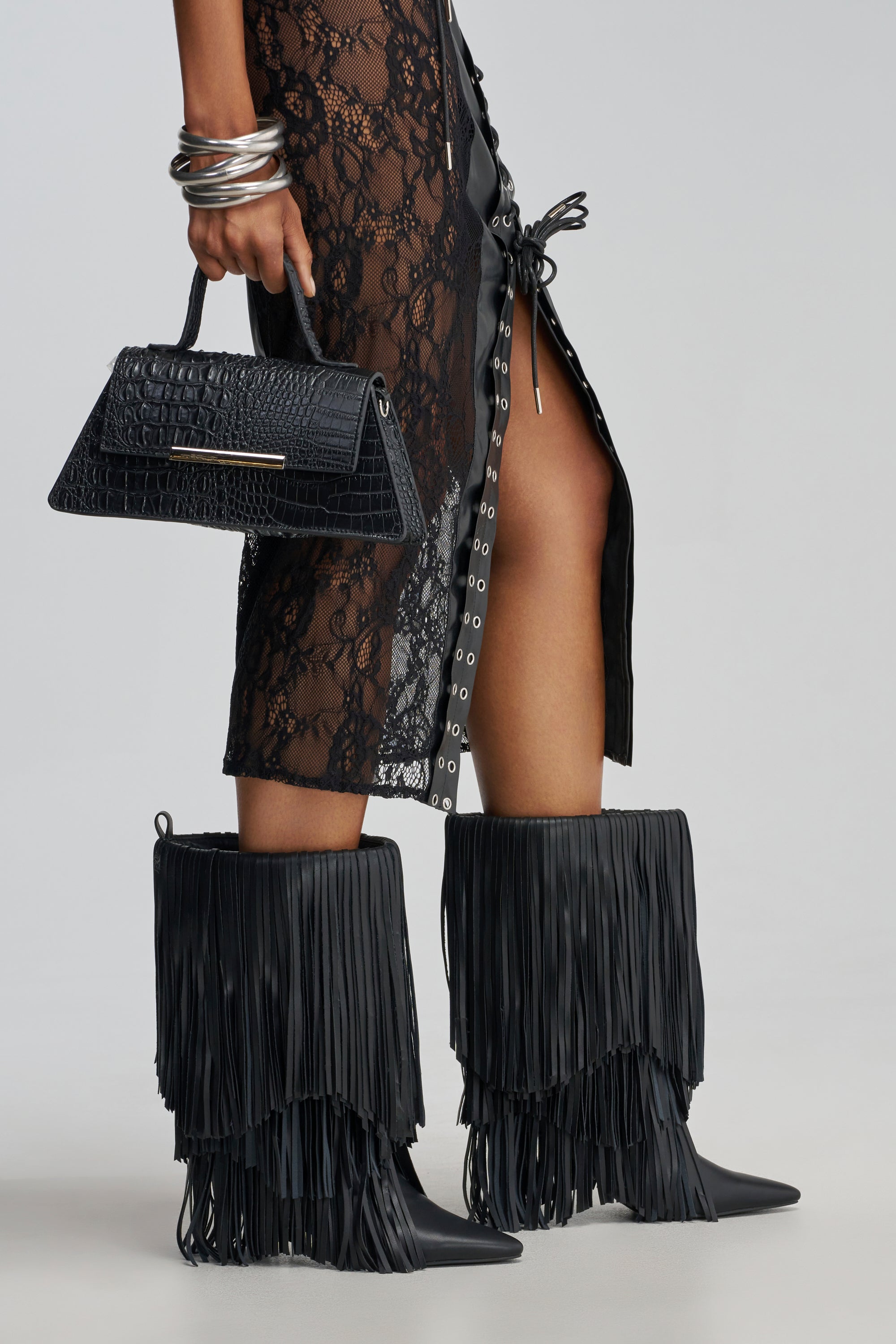 AZALEA WANG FIFER BLACK FRINGE STILETTO BOOTIE