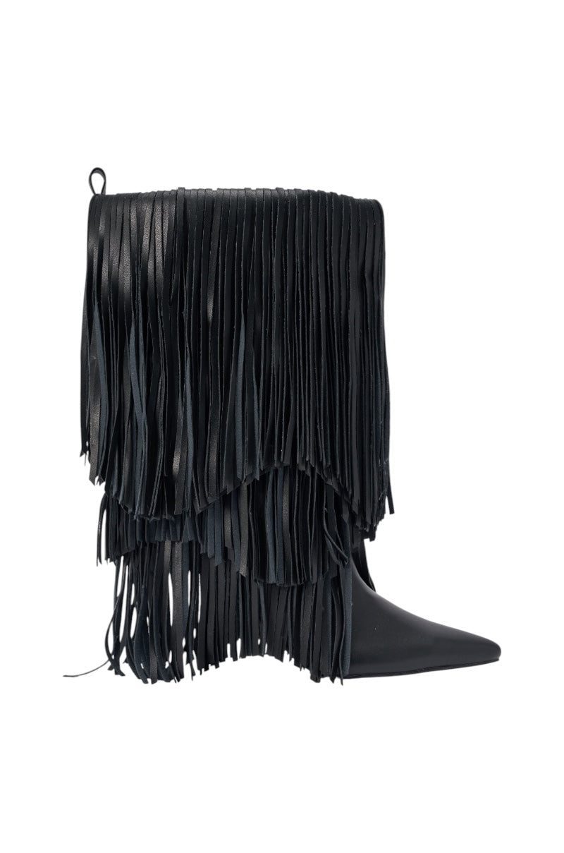 AZALEA WANG FIFER BLACK FRINGE STILETTO BOOTIE