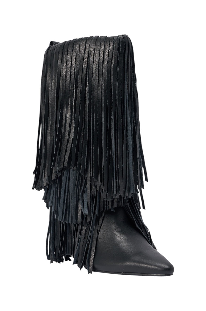 AZALEA WANG FIFER BLACK FRINGE STILETTO BOOTIE