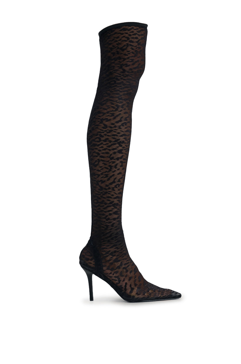 AZALEA WANG NEW FREYJA BLACK LEOPARD LACE STILETTO THIGH HIGH
