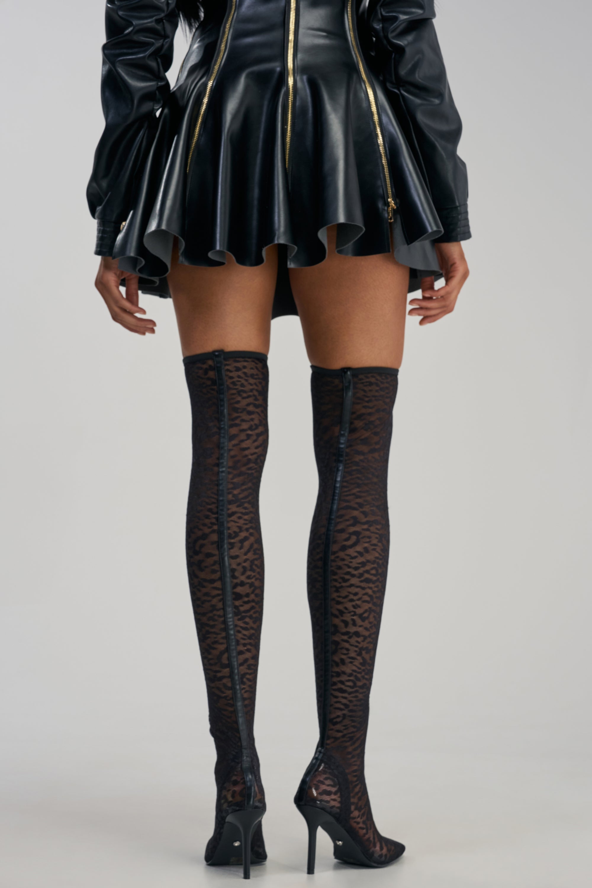 AZALEA WANG NEW FREYJA BLACK LEOPARD LACE STILETTO THIGH HIGH