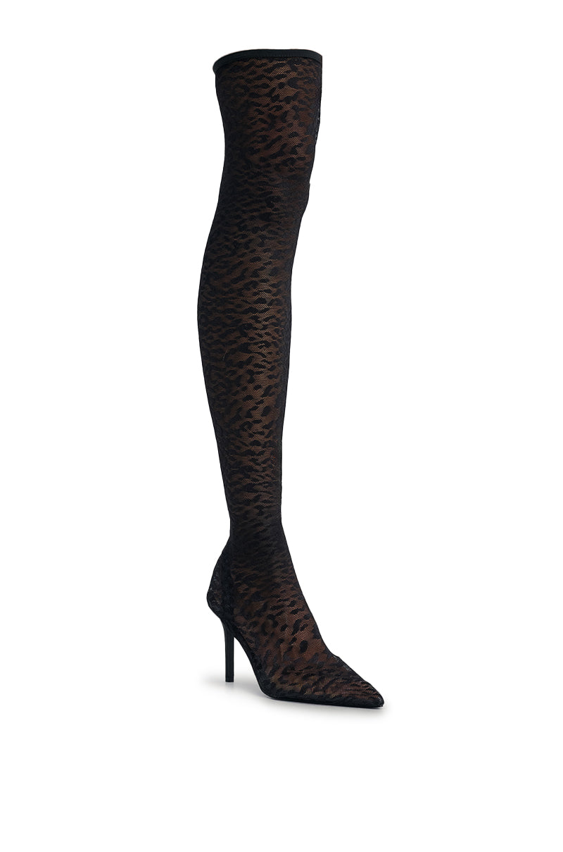 AZALEA WANG NEW FREYJA BLACK LEOPARD LACE STILETTO THIGH HIGH