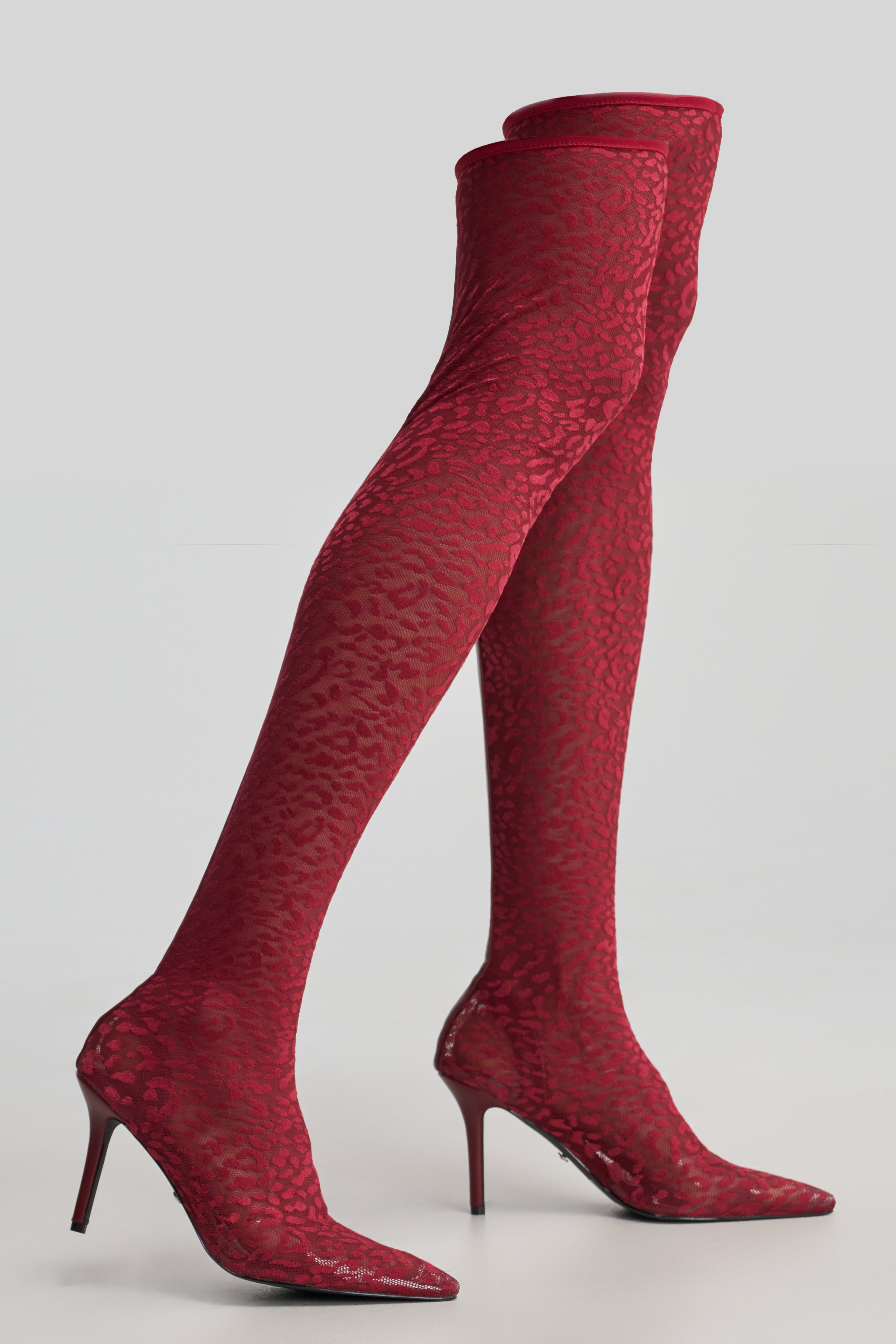 AZALEA WANG NEW FREYJA BURGUNDY LEOPARD LACE STILETTO THIGH HIGH
