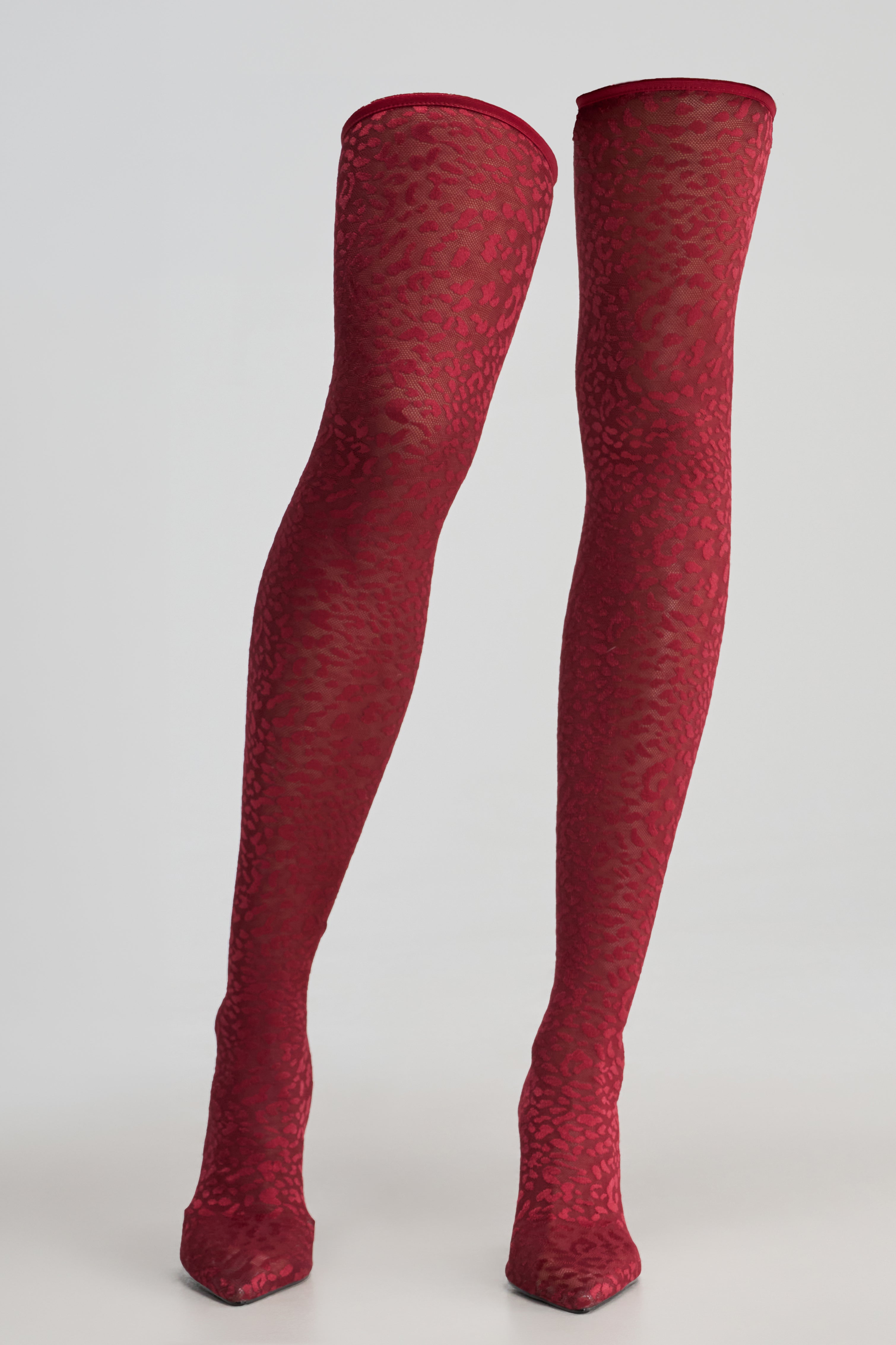 AZALEA WANG NEW FREYJA BURGUNDY LEOPARD LACE STILETTO THIGH HIGH
