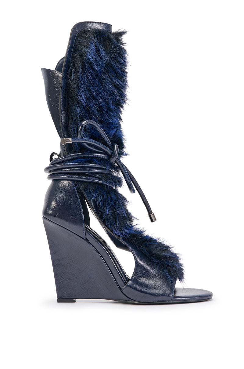 AZALEA WANG GENOVEVA NAVY FUR WEDGE SANDAL