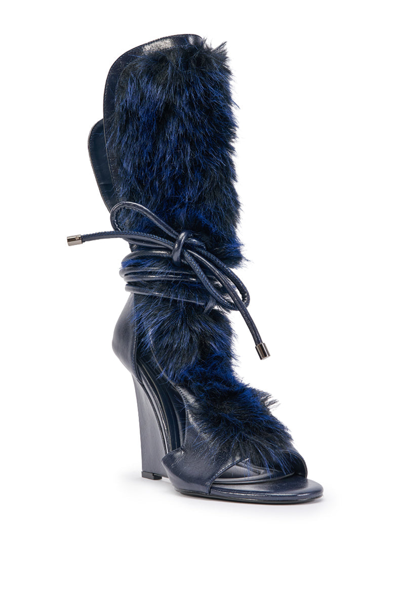 AZALEA WANG GENOVEVA NAVY FUR WEDGE SANDAL