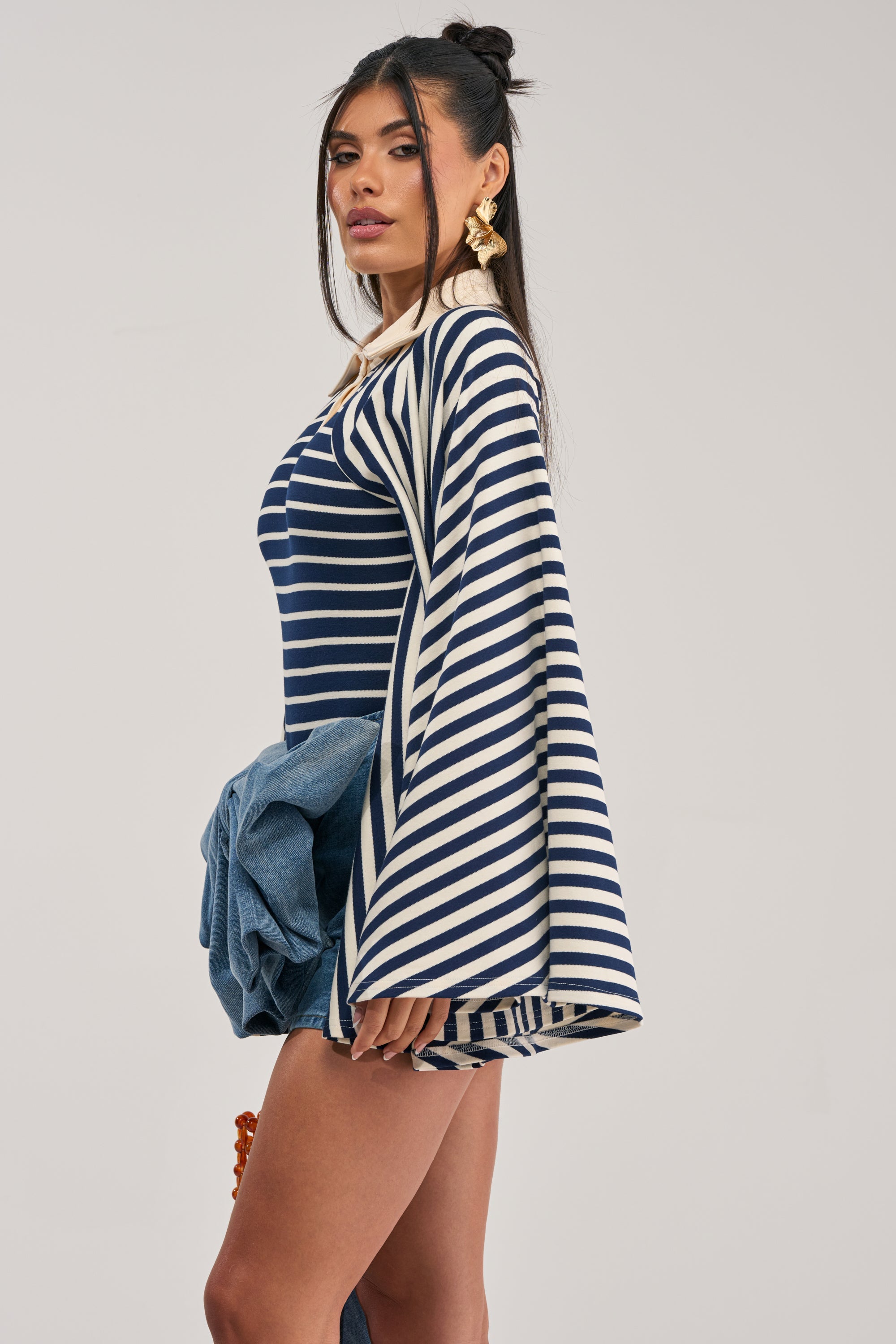 ALMA STRIPE COLLARED BODYSUIT IN NAVY