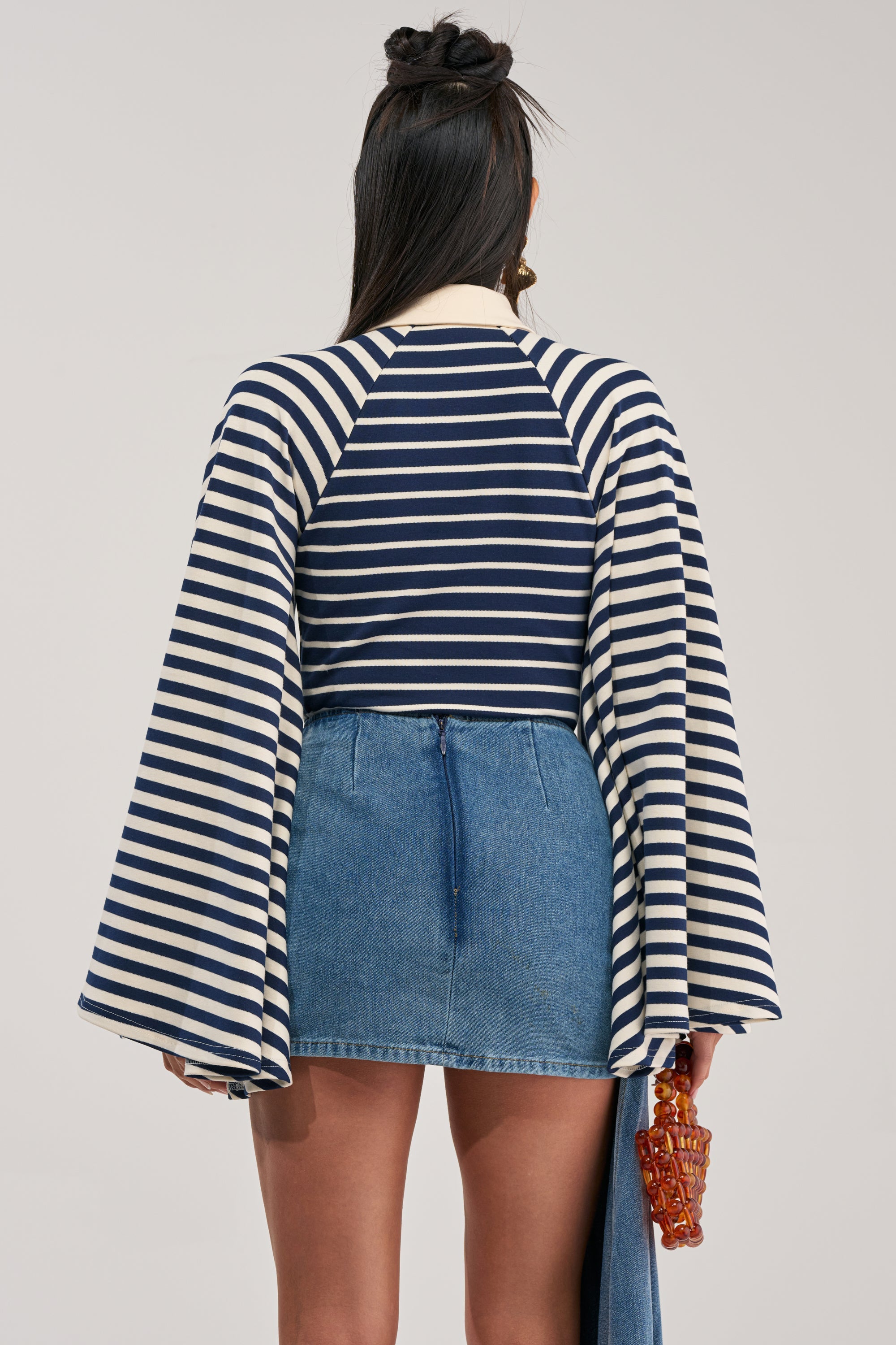 ALMA STRIPE COLLARED BODYSUIT IN NAVY