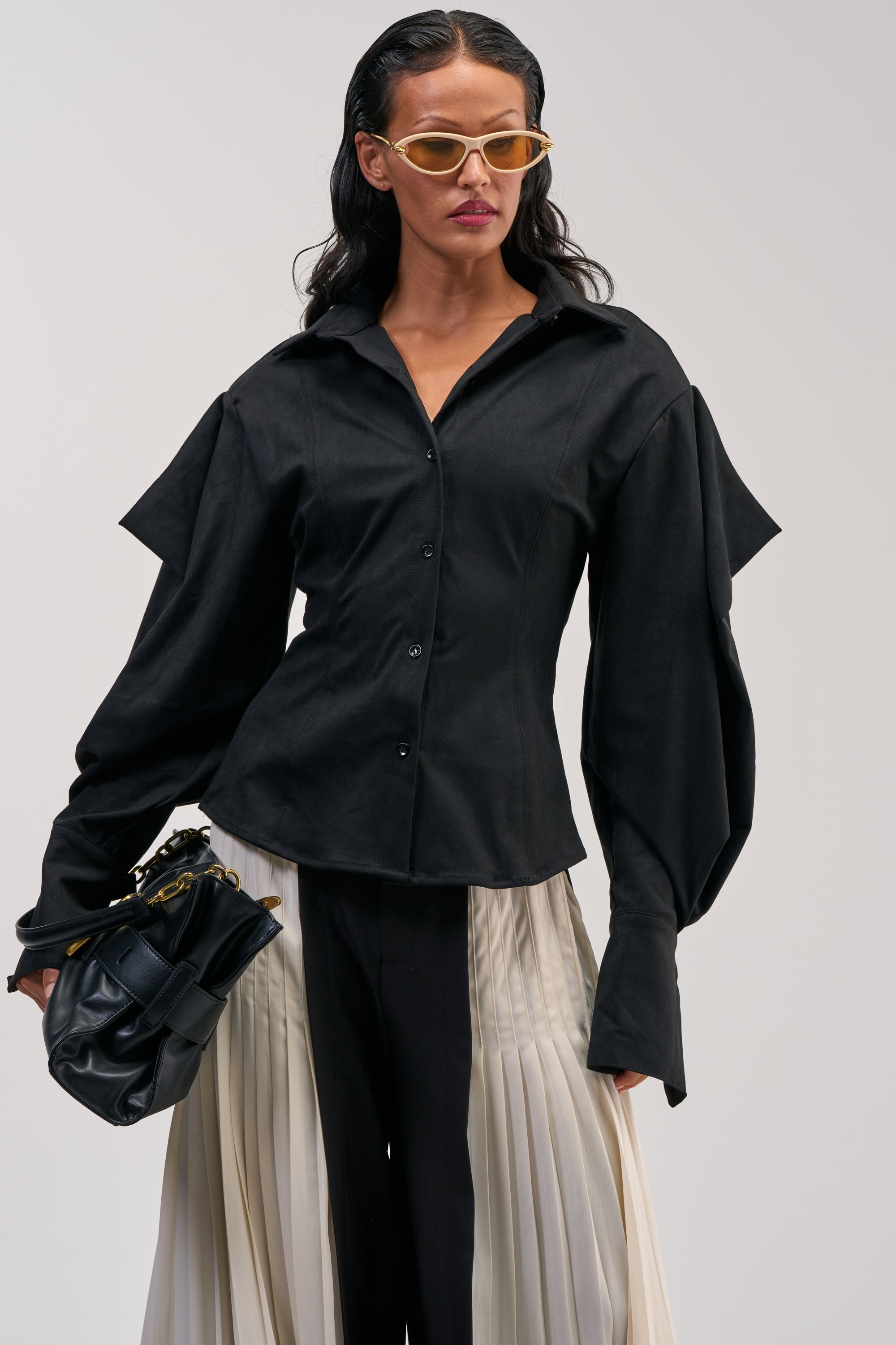 SHE MEANS BUSINESS SUEDE BUTTON DOWN