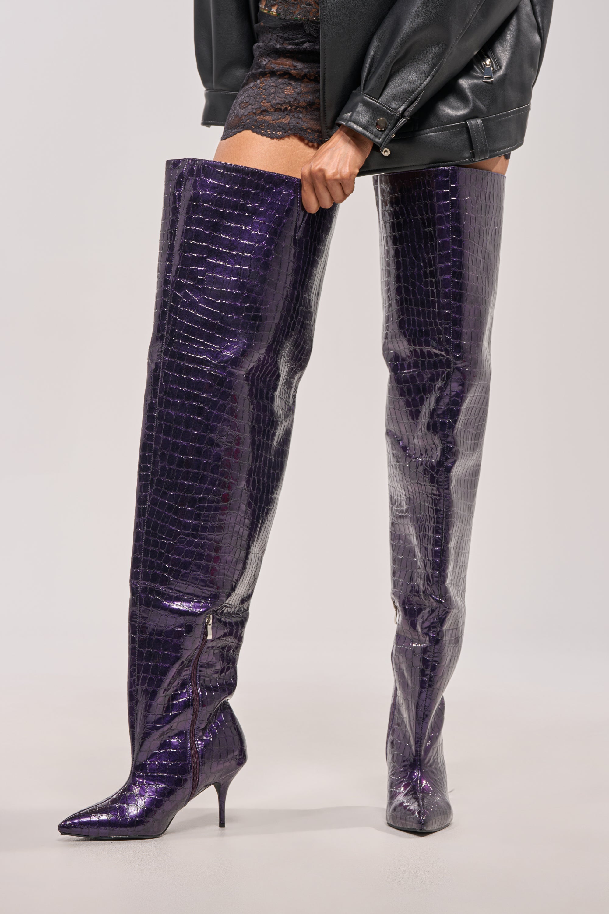 AZALEA WANG HALINA DARK PURPLE CROC STILETTO BOOT