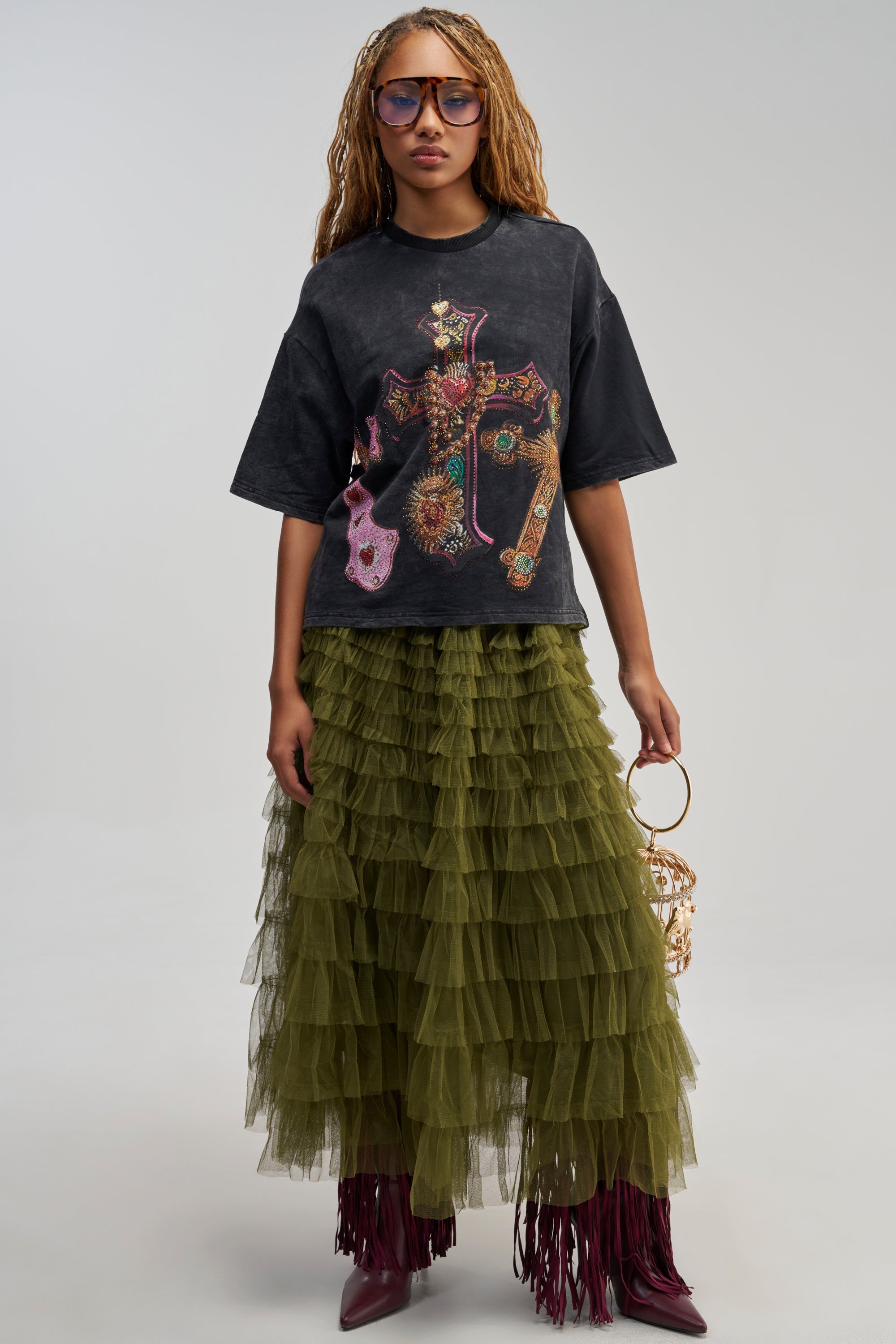 STARS ALIGNED MESH RUFFLE MAXI SKIRT