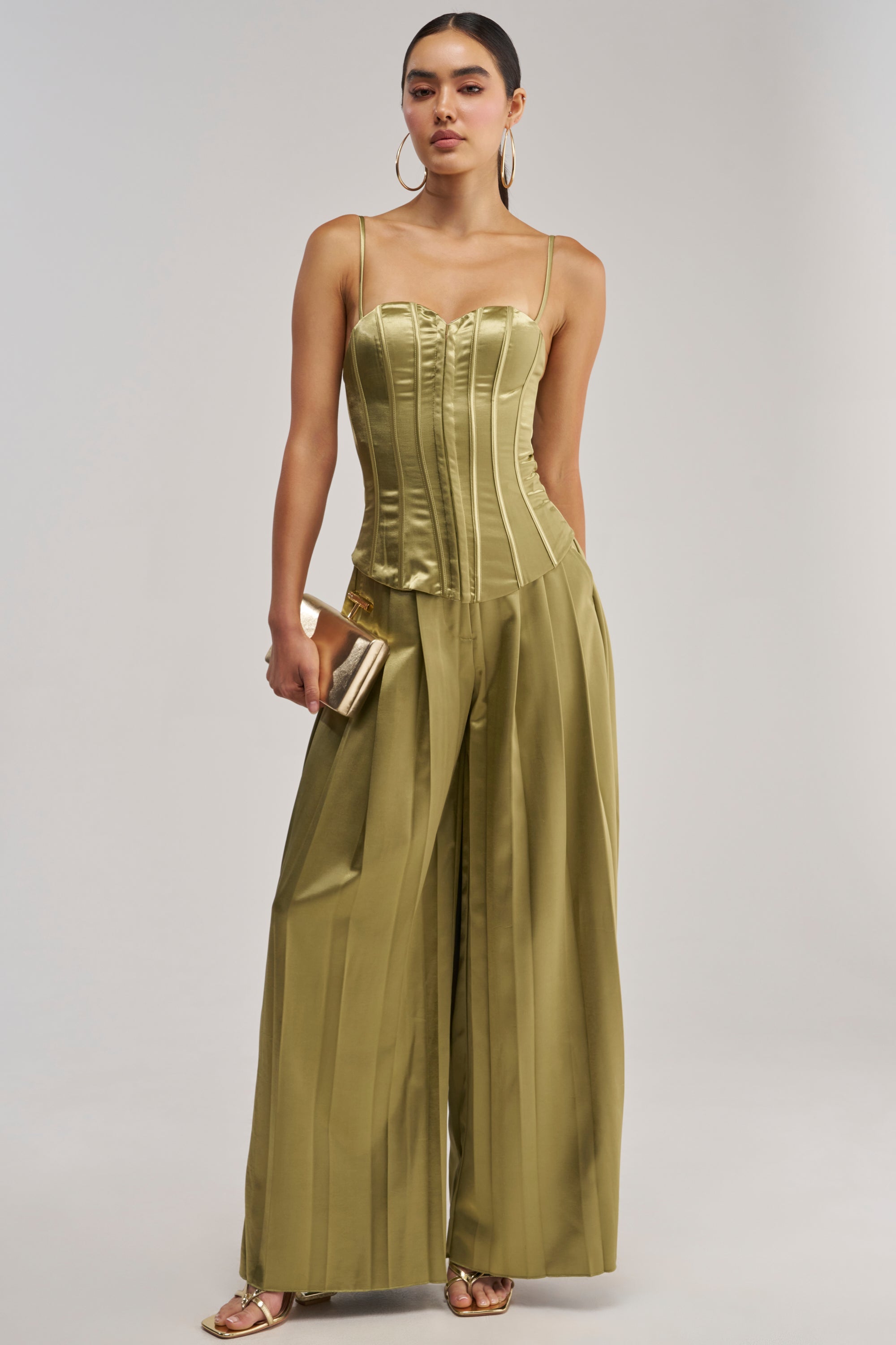 IRIS SATIN PLEATED PANT IN OLIVE