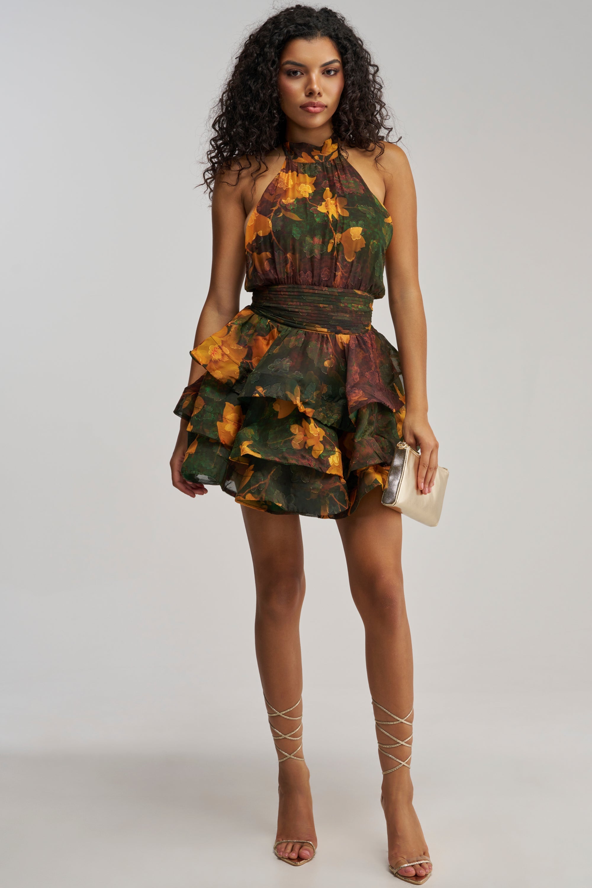 SPIN ME AROUND CHIFFON MINI DRESS IN GREEN FLORALS