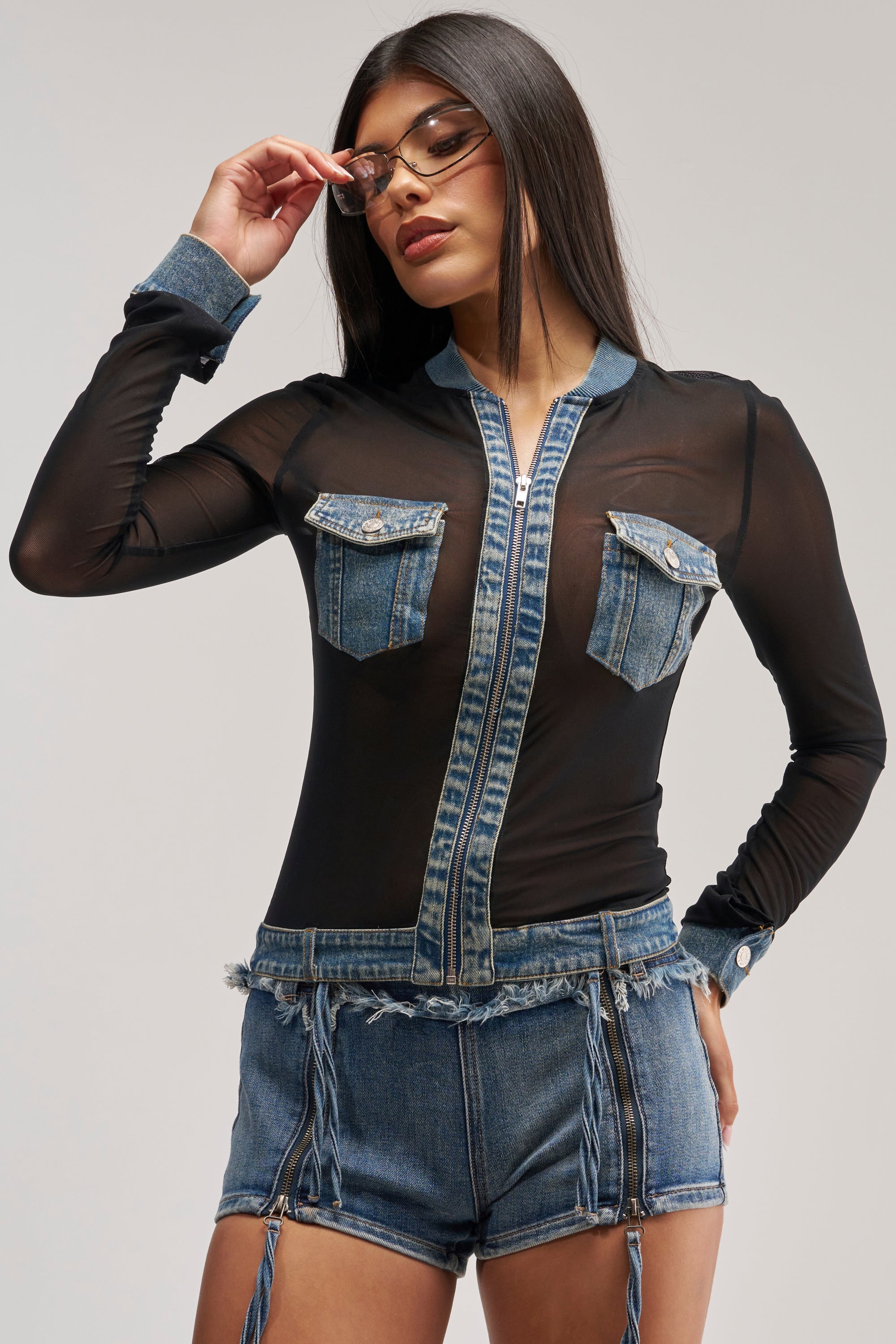 DENIM TRIM MESH ZIP UP TOP
