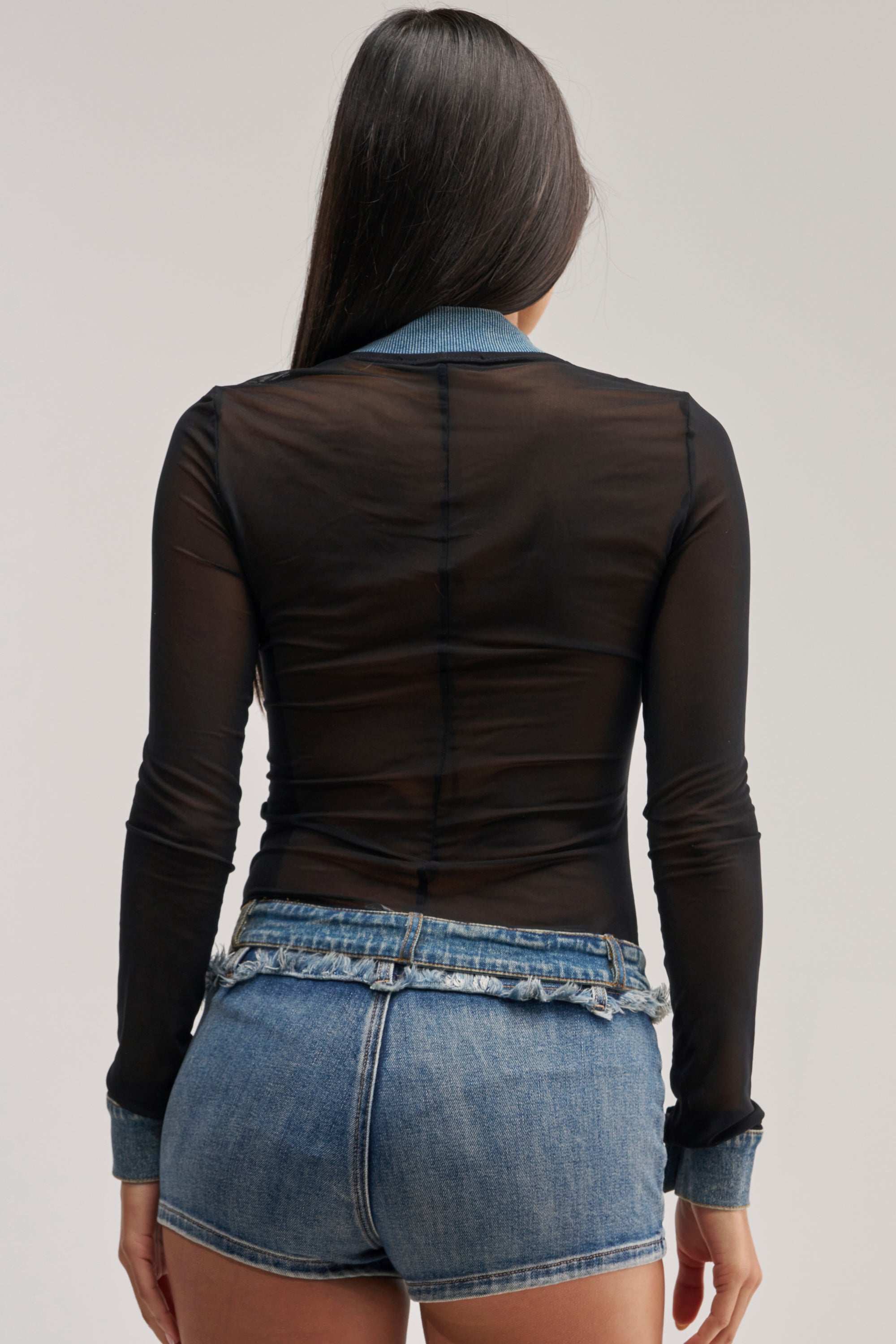 DENIM TRIM MESH ZIP UP TOP