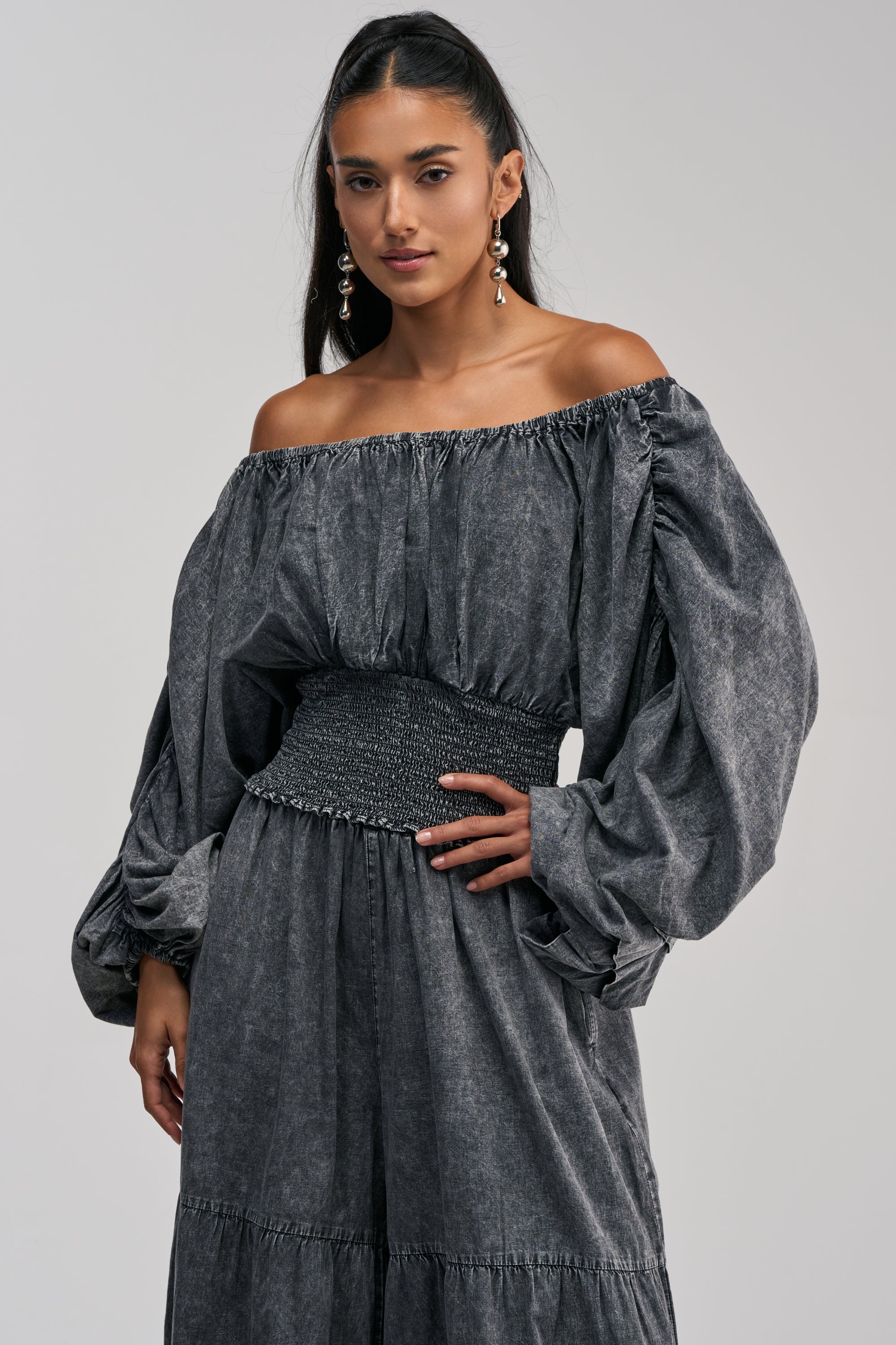 DENIM FOR DAYS OFF THE SHOULDER TOP IN DARK DENIM