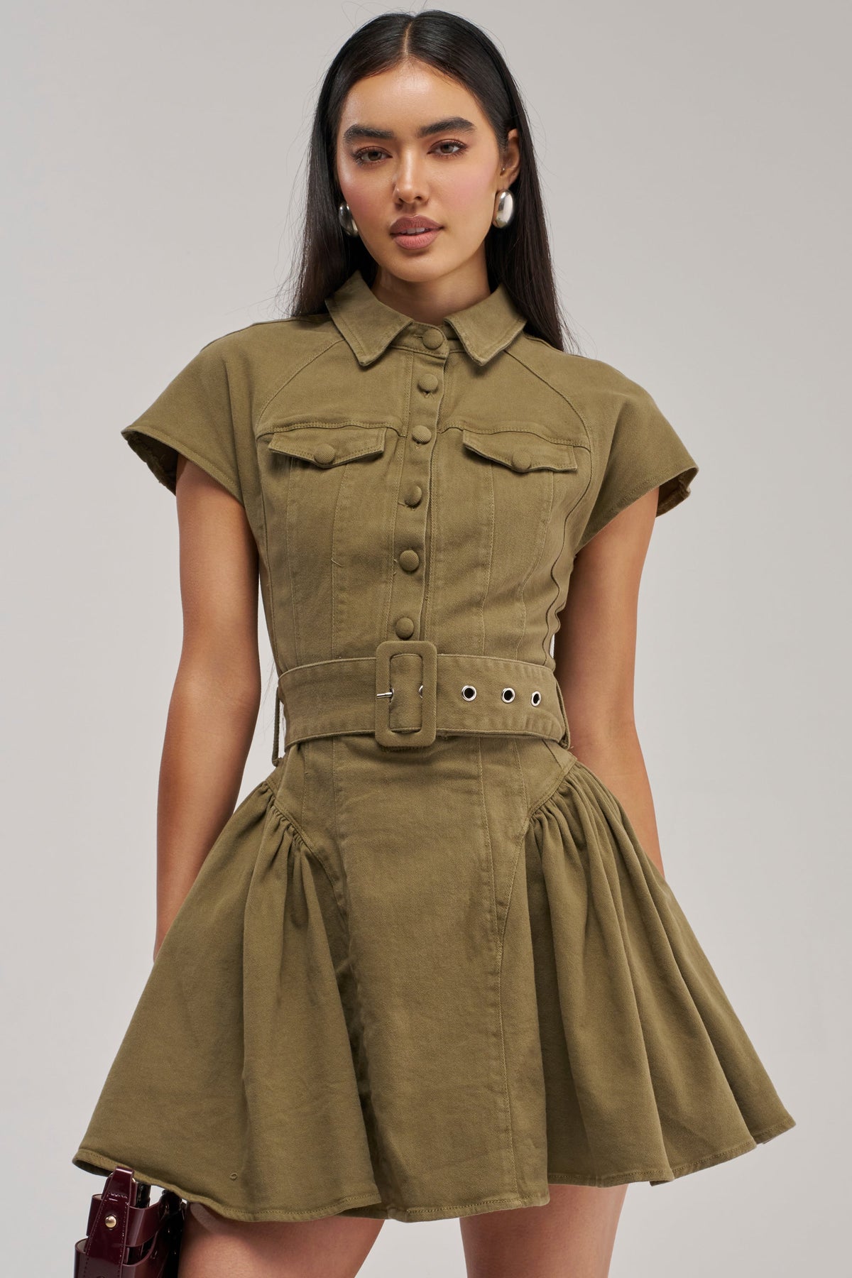 SADIE BUTTON UP MINI DRESS IN OLIVE DENIM