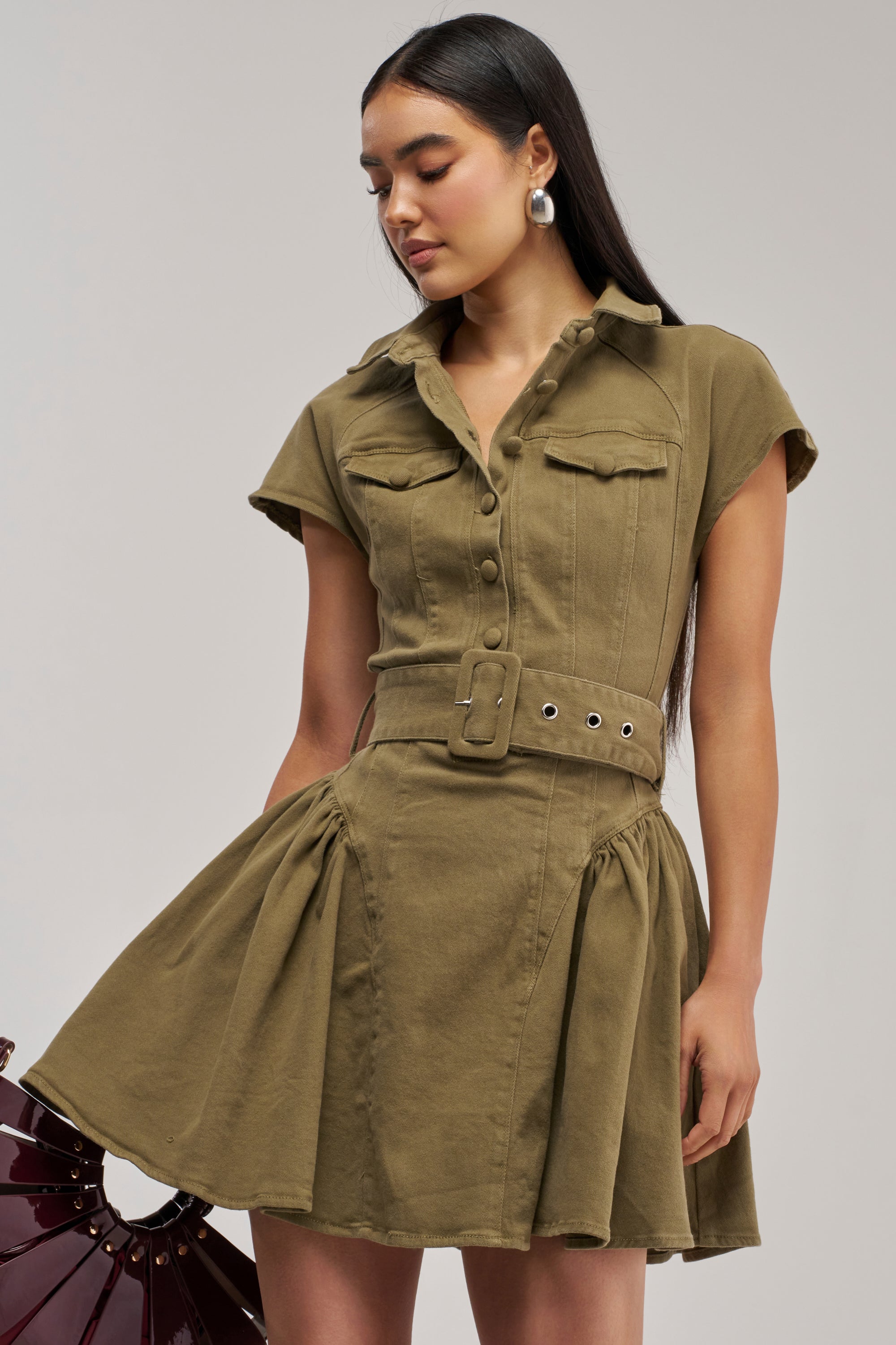 SADIE BUTTON UP MINI DRESS IN OLIVE DENIM