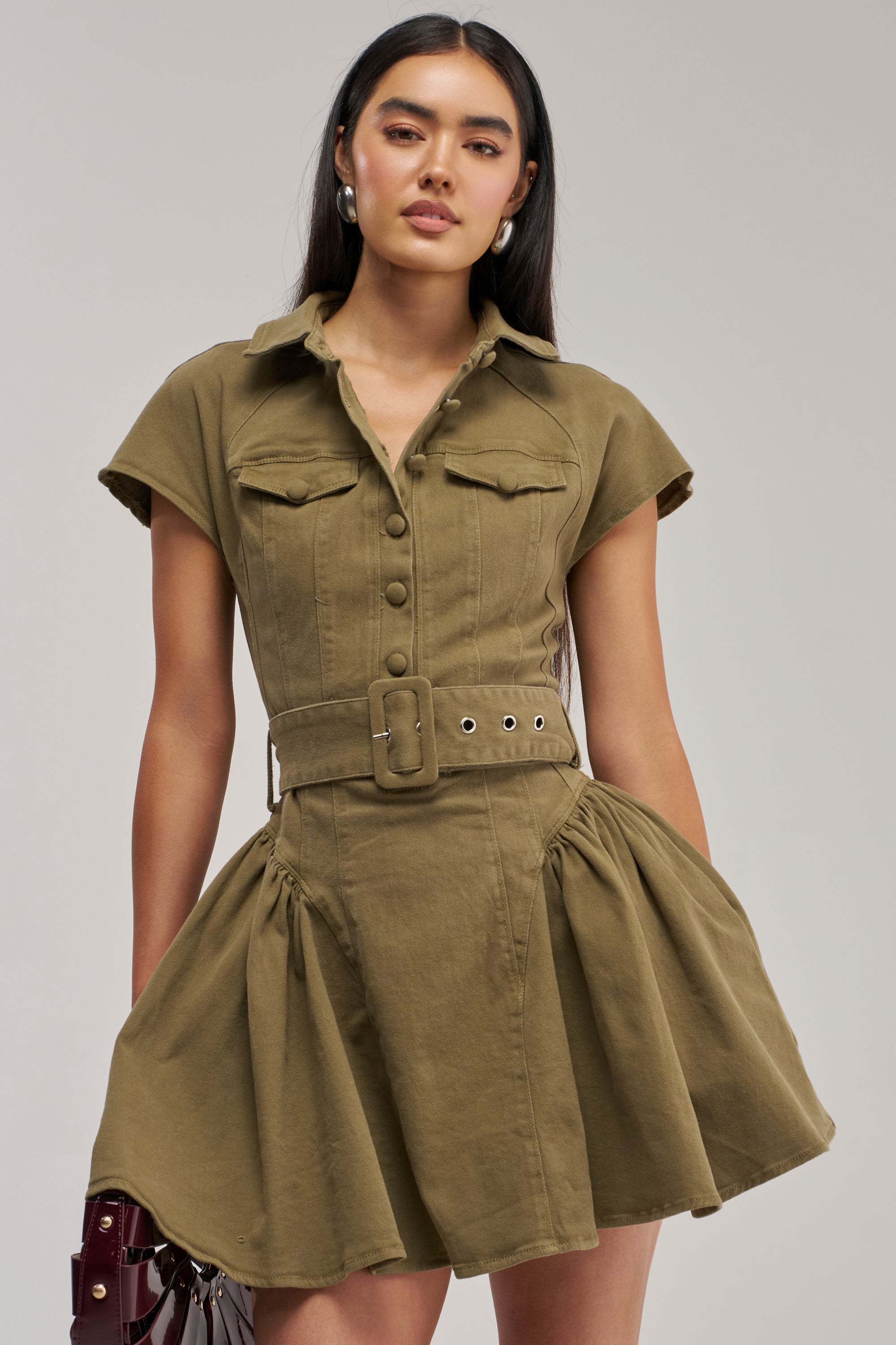 SADIE BUTTON UP MINI DRESS IN OLIVE DENIM