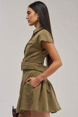 SADIE BUTTON UP MINI DRESS IN OLIVE DENIM