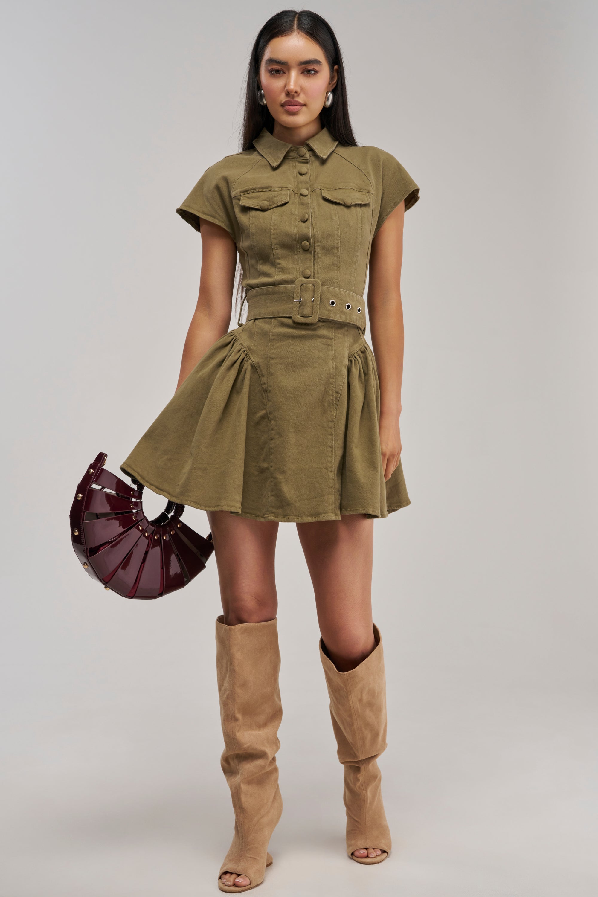 SADIE BUTTON UP MINI DRESS IN OLIVE DENIM