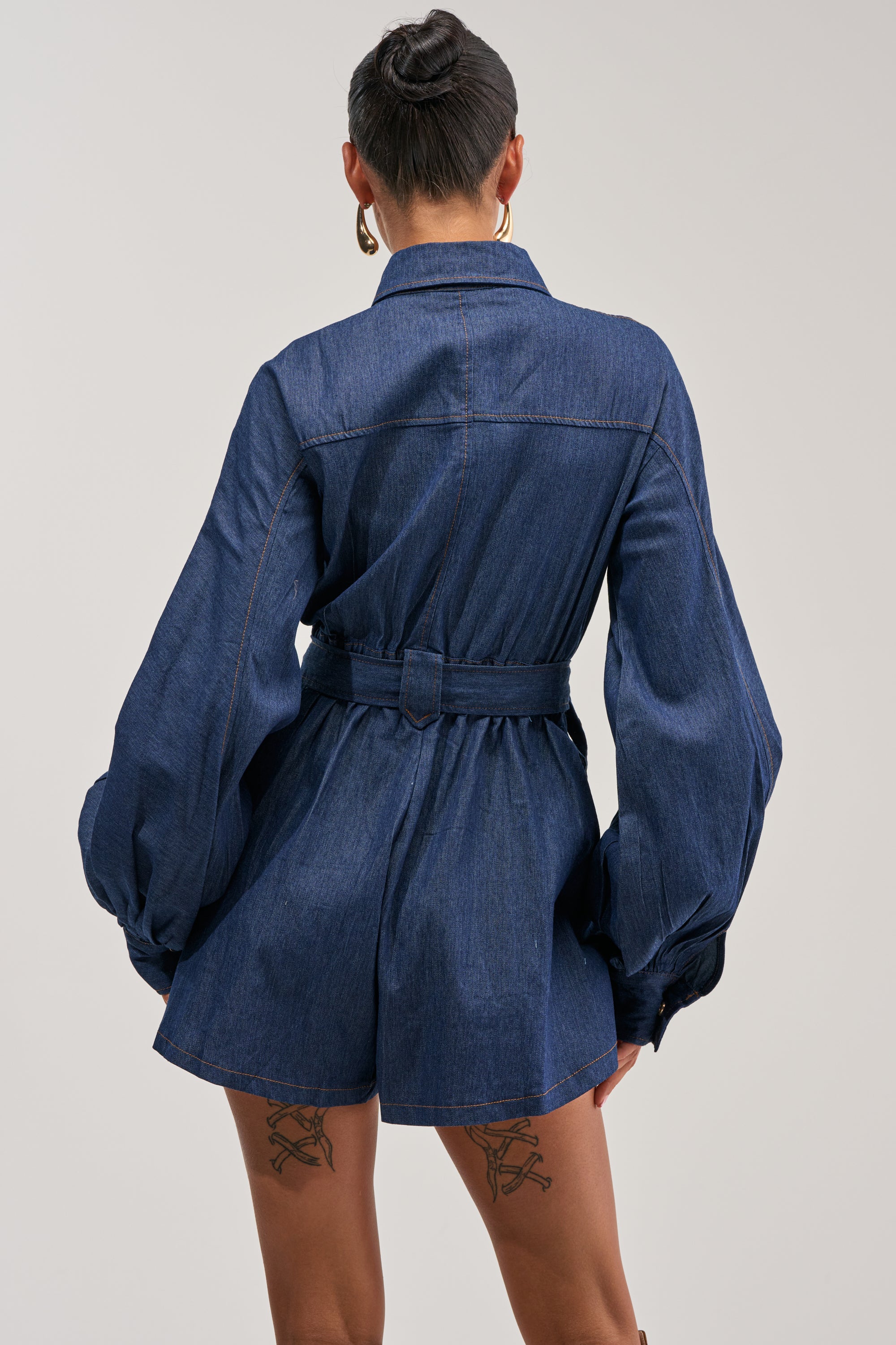 CITYSCAPE BELTED DENIM ROMPER