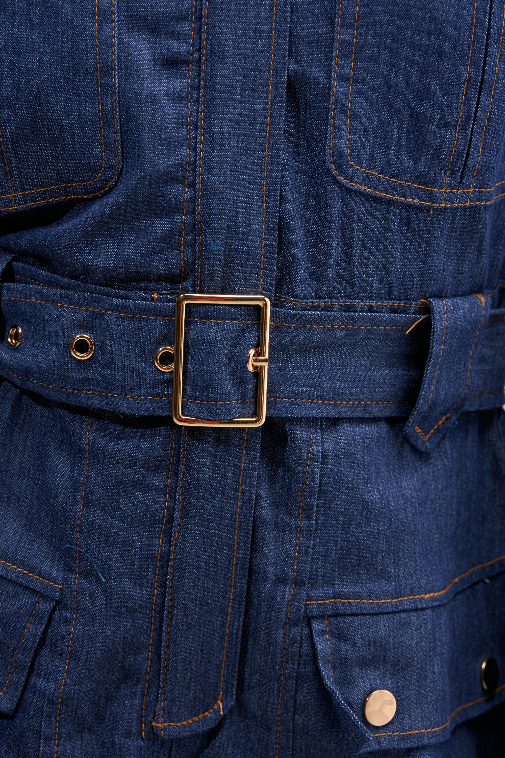 CITYSCAPE BELTED DENIM ROMPER